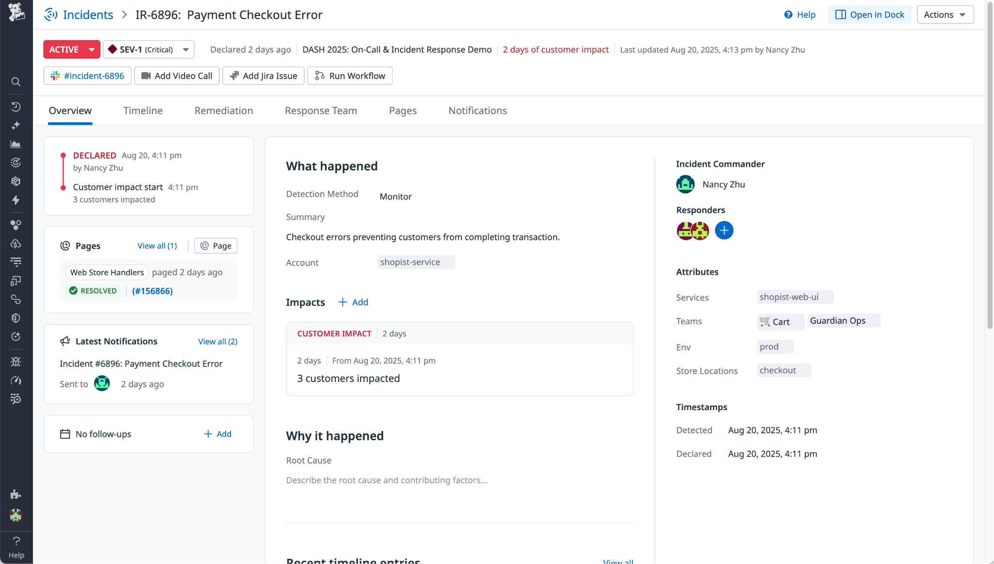 An incident in Datadog Incident Response for an error that stopped customers from completing transactions.