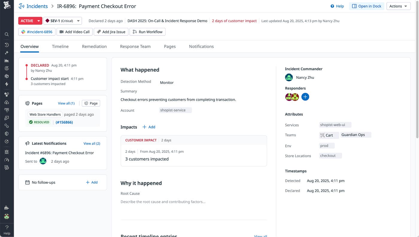 An incident in Datadog Incident Response for an error that stopped customers from completing transactions. An incident in Datadog Incident Response for an error that stopped customers from completing transactions.