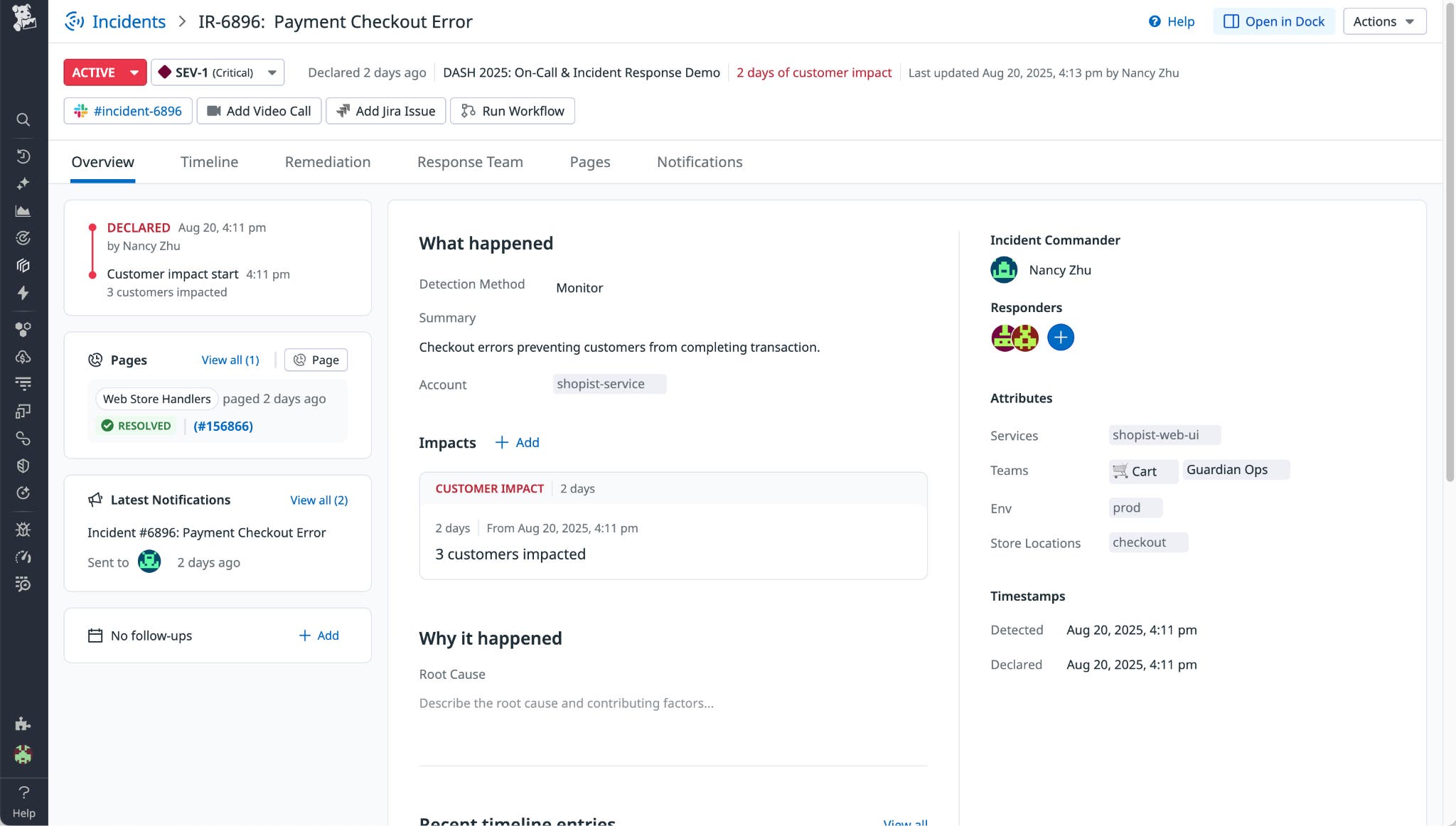 An incident in Datadog Incident Response for an error that stopped customers from completing transactions. An incident in Datadog Incident Response for an error that stopped customers from completing transactions.