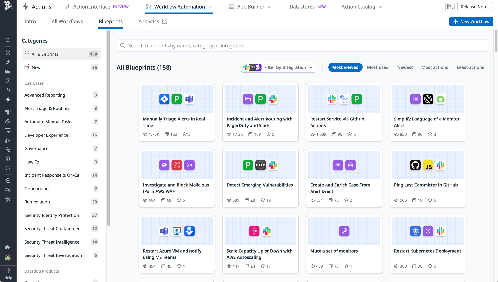 The Blueprints tab in Datadog Workflow Automation, where you can search for specific blueprints by name, category, or integration.