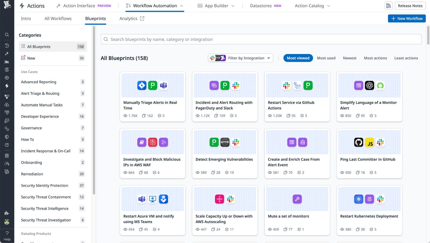 The Blueprints tab in Datadog Workflow Automation, where you can search for specific blueprints by name, category, or integration. The Blueprints tab in Datadog Workflow Automation, where you can search for specific blueprints by name, category, or integration.