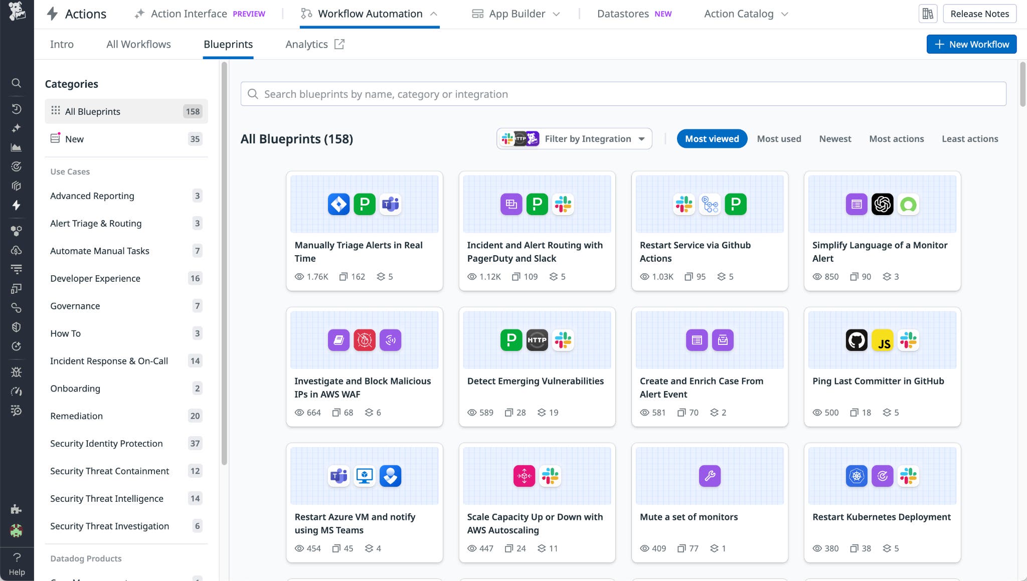 The Blueprints tab in Datadog Workflow Automation, where you can search for specific blueprints by name, category, or integration. The Blueprints tab in Datadog Workflow Automation, where you can search for specific blueprints by name, category, or integration.