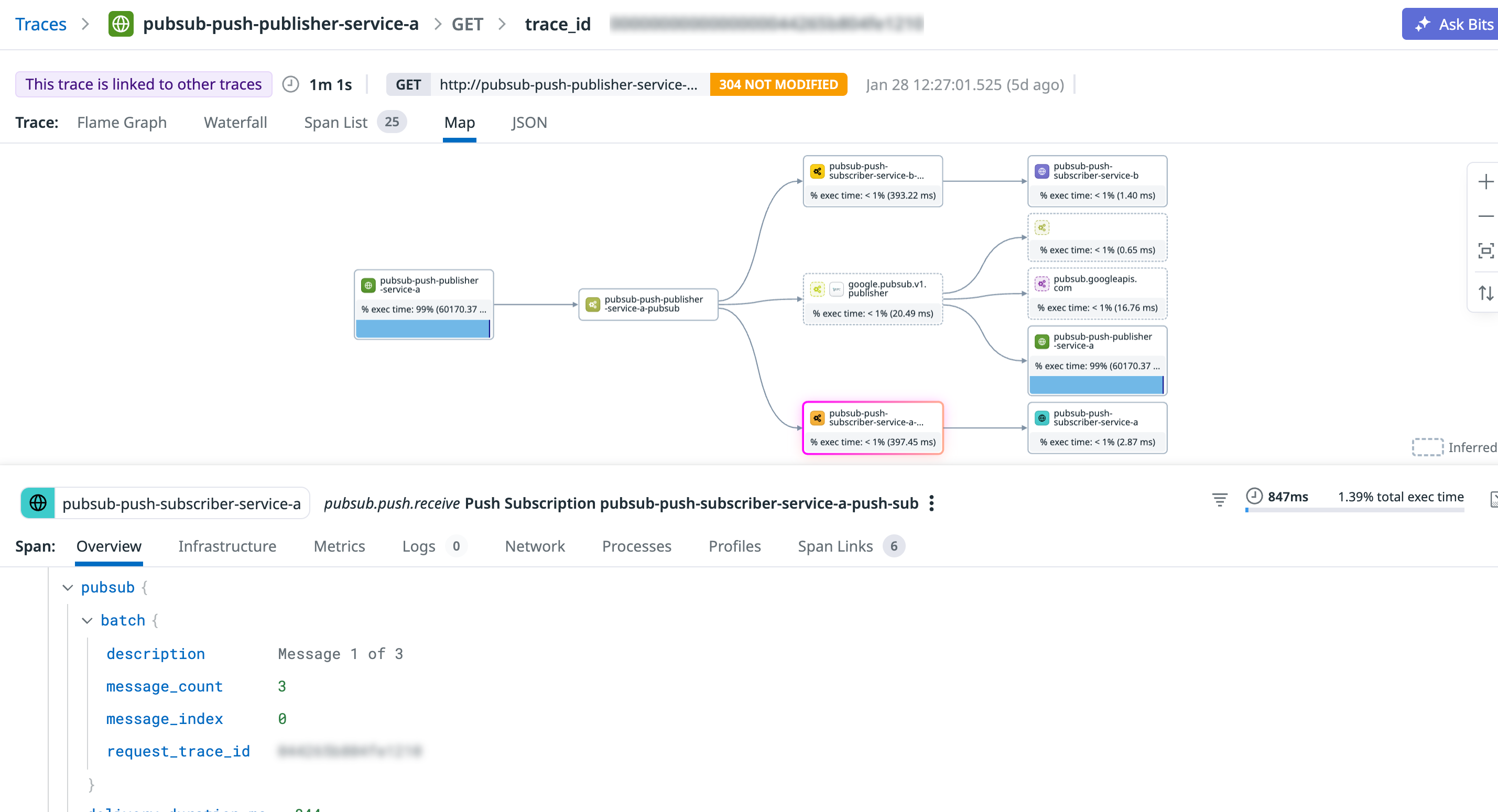 A trace view highlights delivery latency for a Pub/Sub message so you can separate queue time from application processing time.