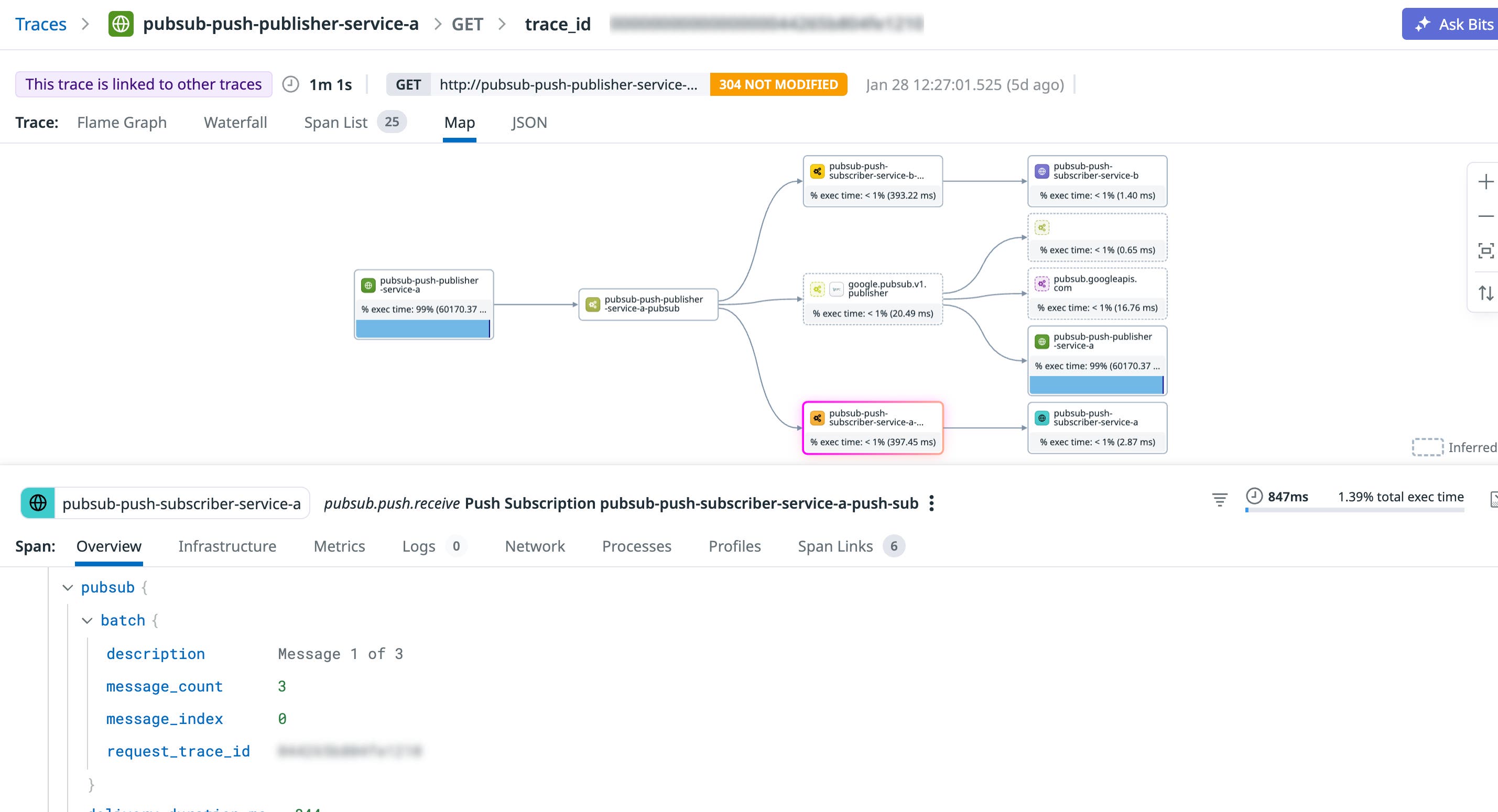 A trace view highlights delivery latency for a Pub/Sub message so you can separate queue time from application processing time. A trace view highlights delivery latency for a Pub/Sub message so you can separate queue time from application processing time.