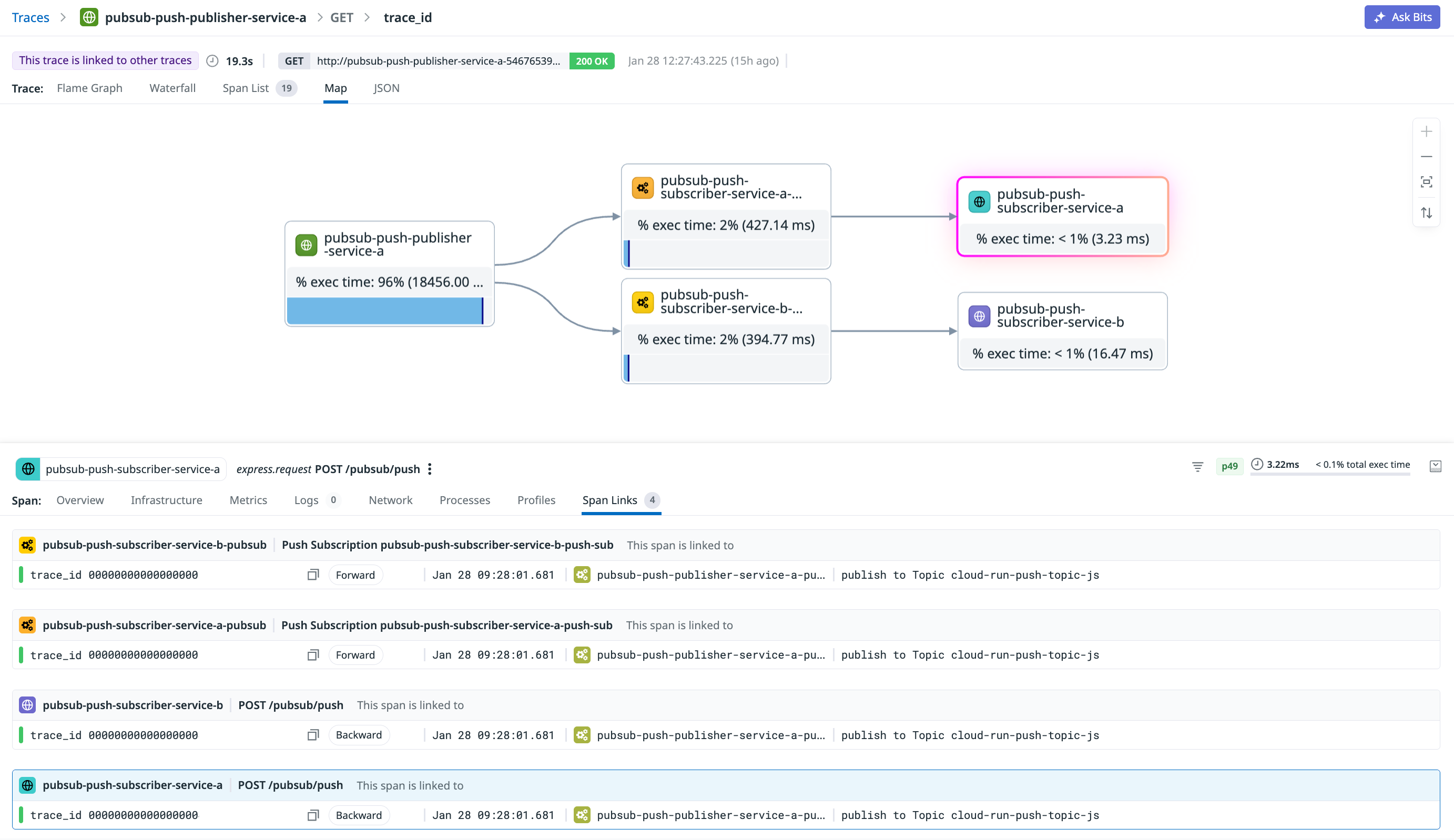 A trace view shows span links from consumer message spans back to a producer batch publish span to troubleshoot fan-out behavior.