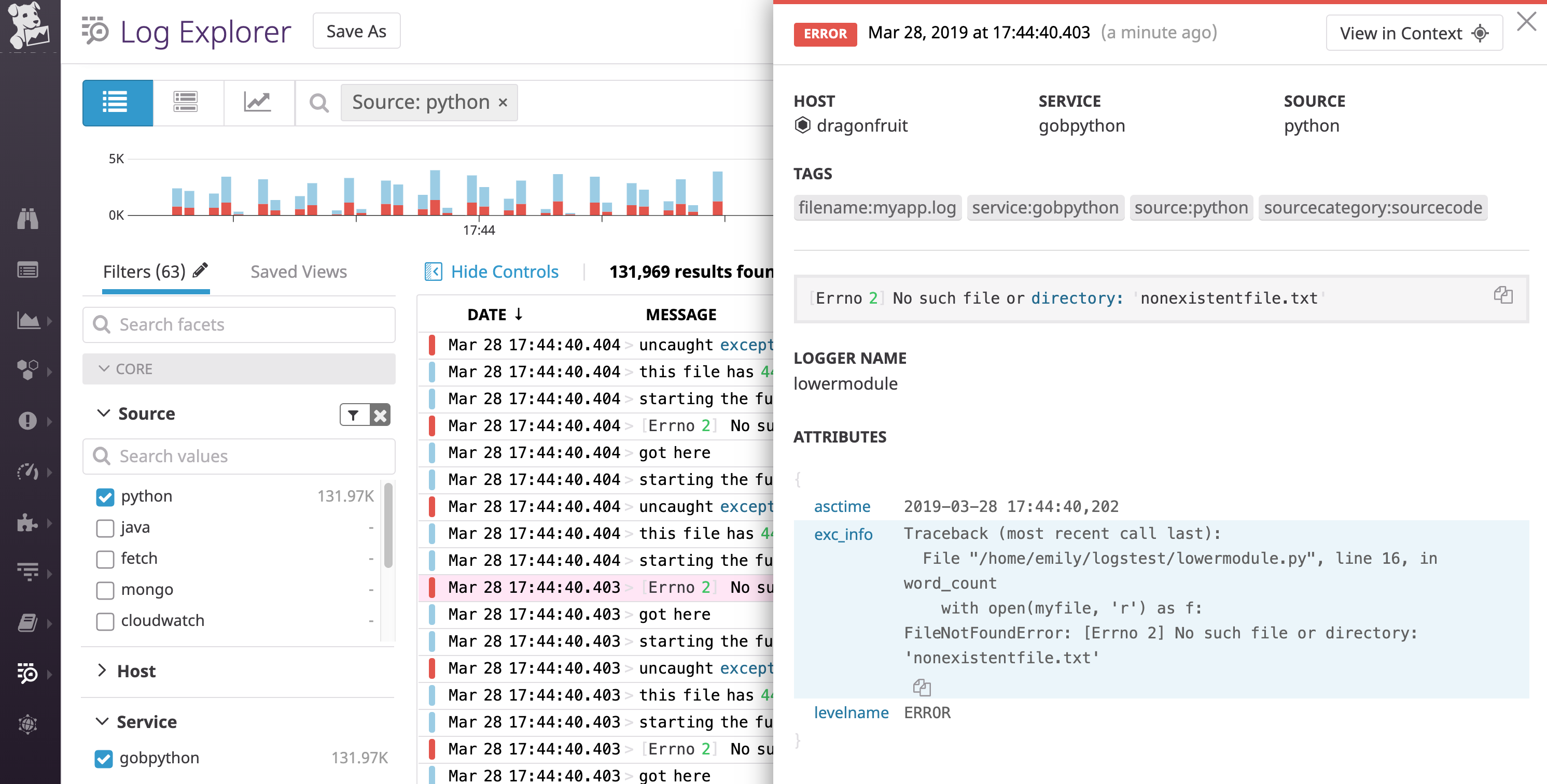 Python exception traceback logging