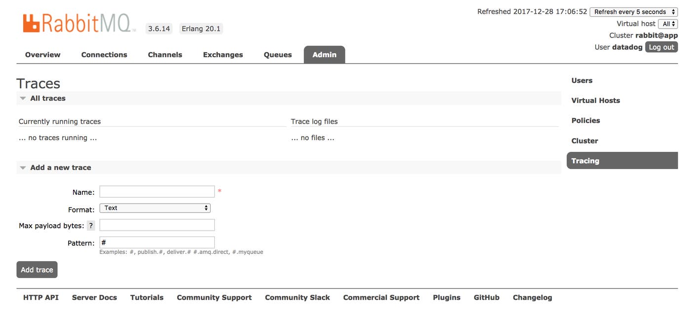 RabbitMQ monitoring tools - The Tracing page within the management UI RabbitMQ monitoring tools - The Tracing page within the management UI