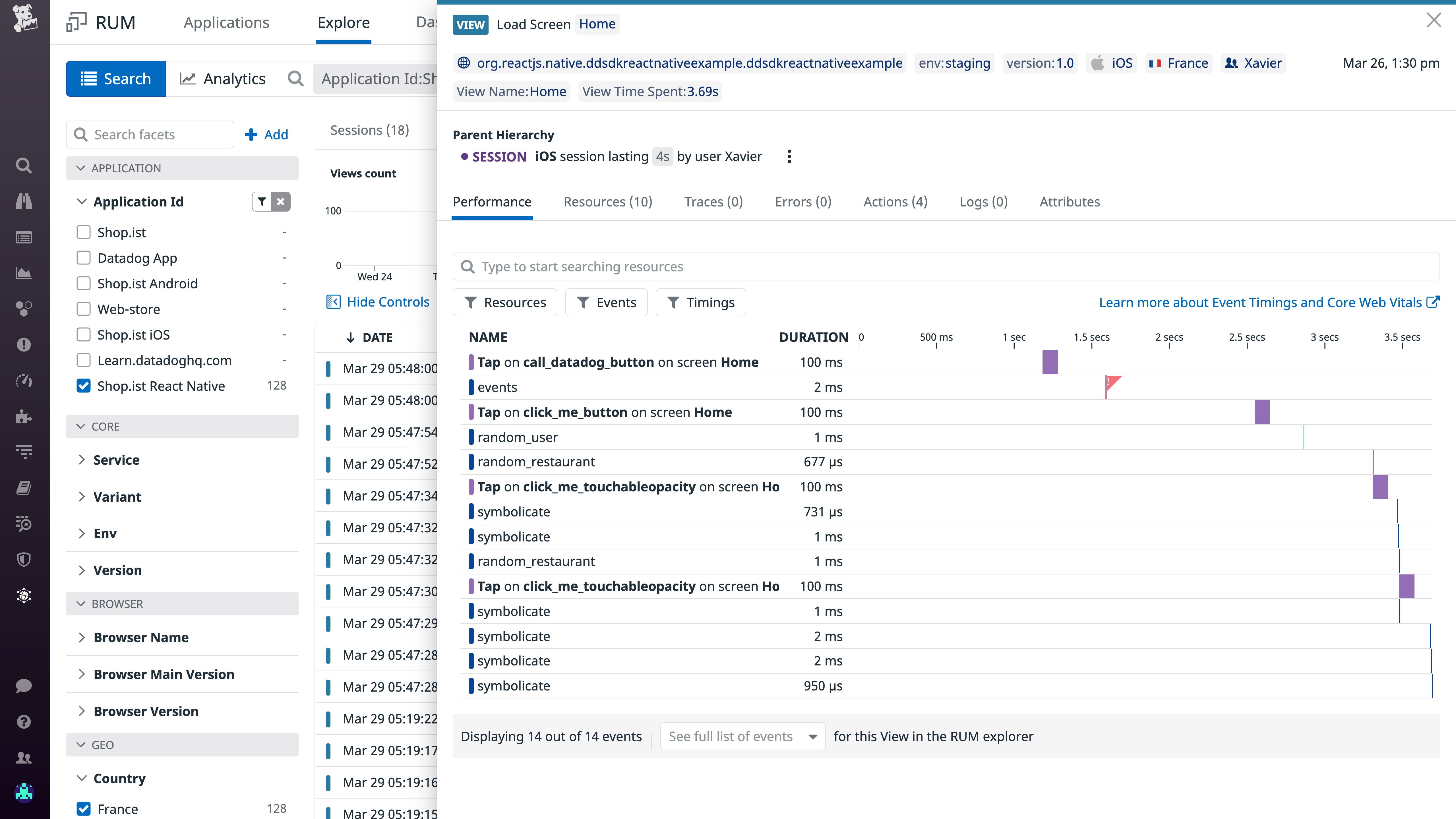 React Native monitoring - A waterfall visualization shows you the durations of RUM events within a session to help you identify bottlenecks.