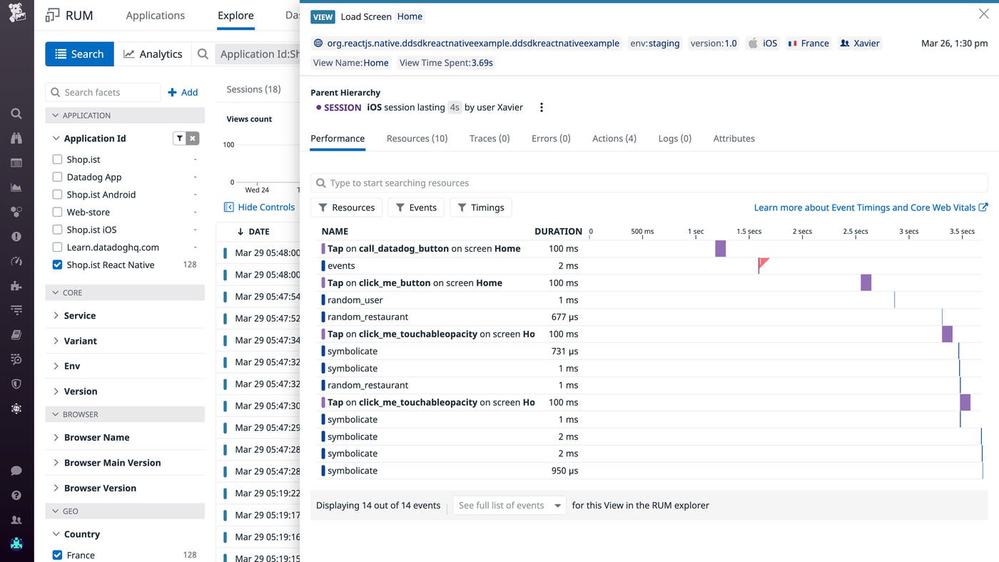 React Native monitoring - A waterfall visualization shows you the durations of RUM events within a session to help you identify bottlenecks. React Native monitoring - A waterfall visualization shows you the durations of RUM events within a session to help you identify bottlenecks.
