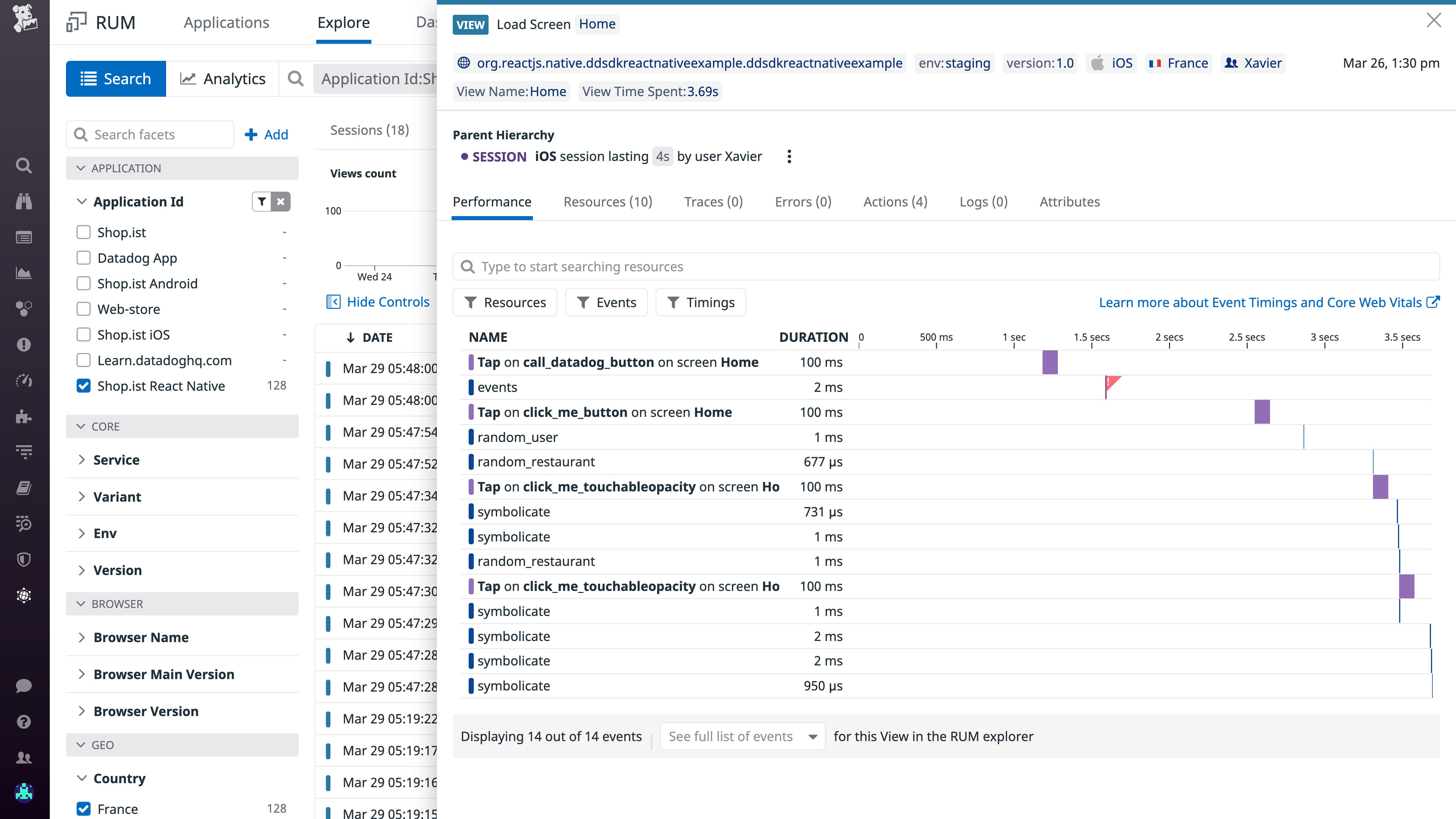 React Native monitoring - A waterfall visualization shows you the durations of RUM events within a session to help you identify bottlenecks. React Native monitoring - A waterfall visualization shows you the durations of RUM events within a session to help you identify bottlenecks.