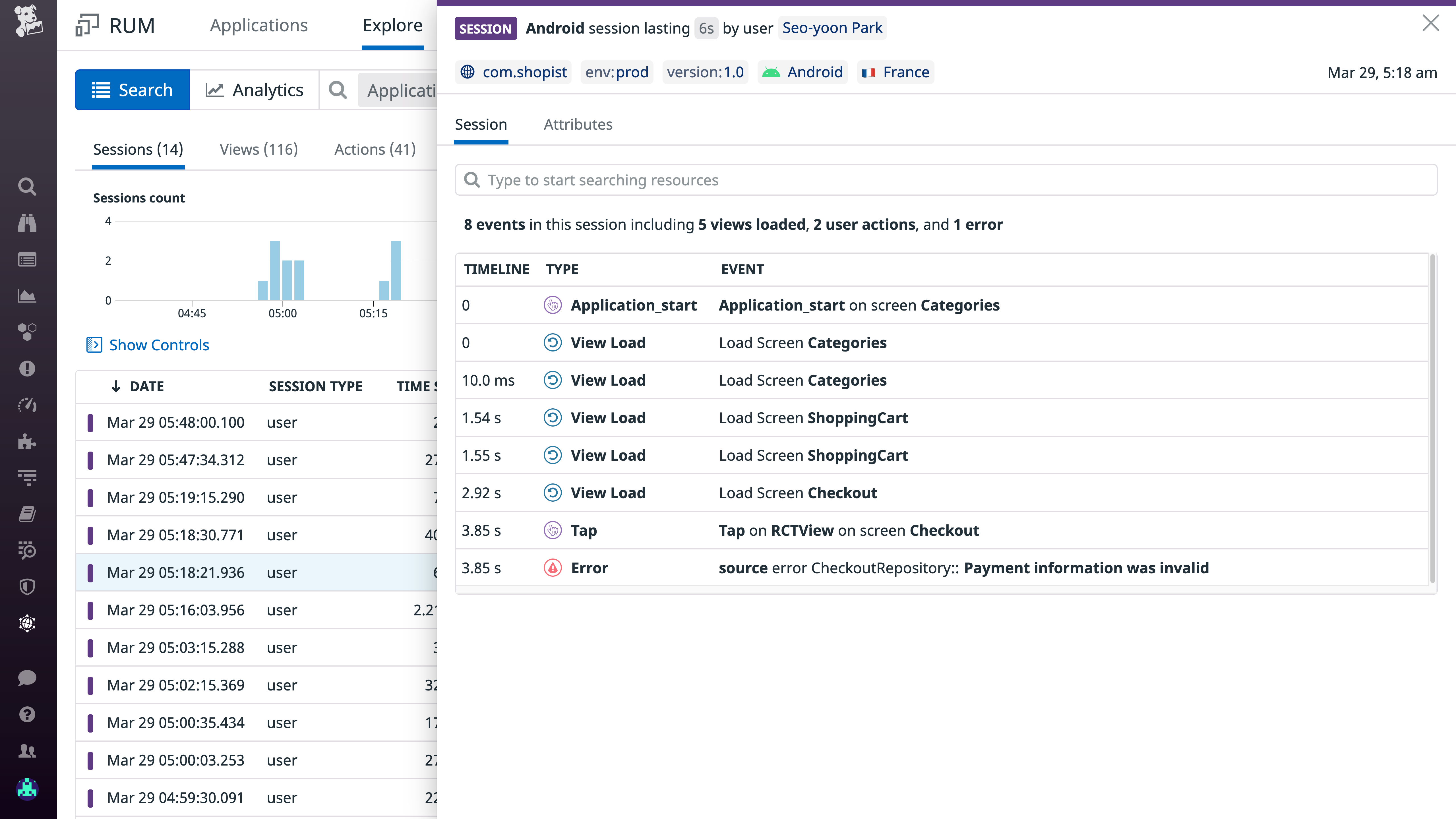 React Native monitoring - Viewing the actions performed by a user during a single session.