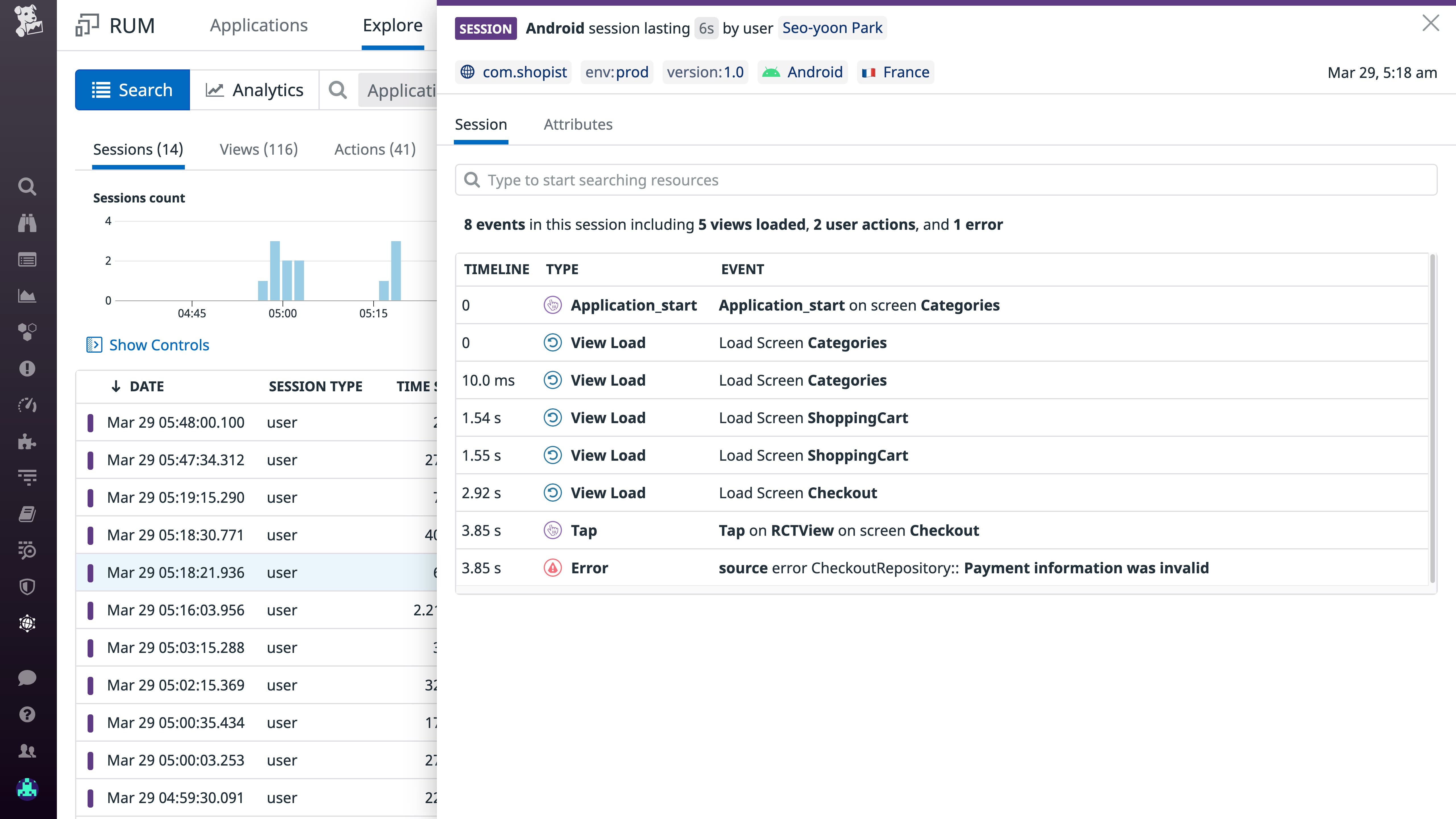 React Native monitoring - Viewing the actions performed by a user during a single session. React Native monitoring - Viewing the actions performed by a user during a single session.