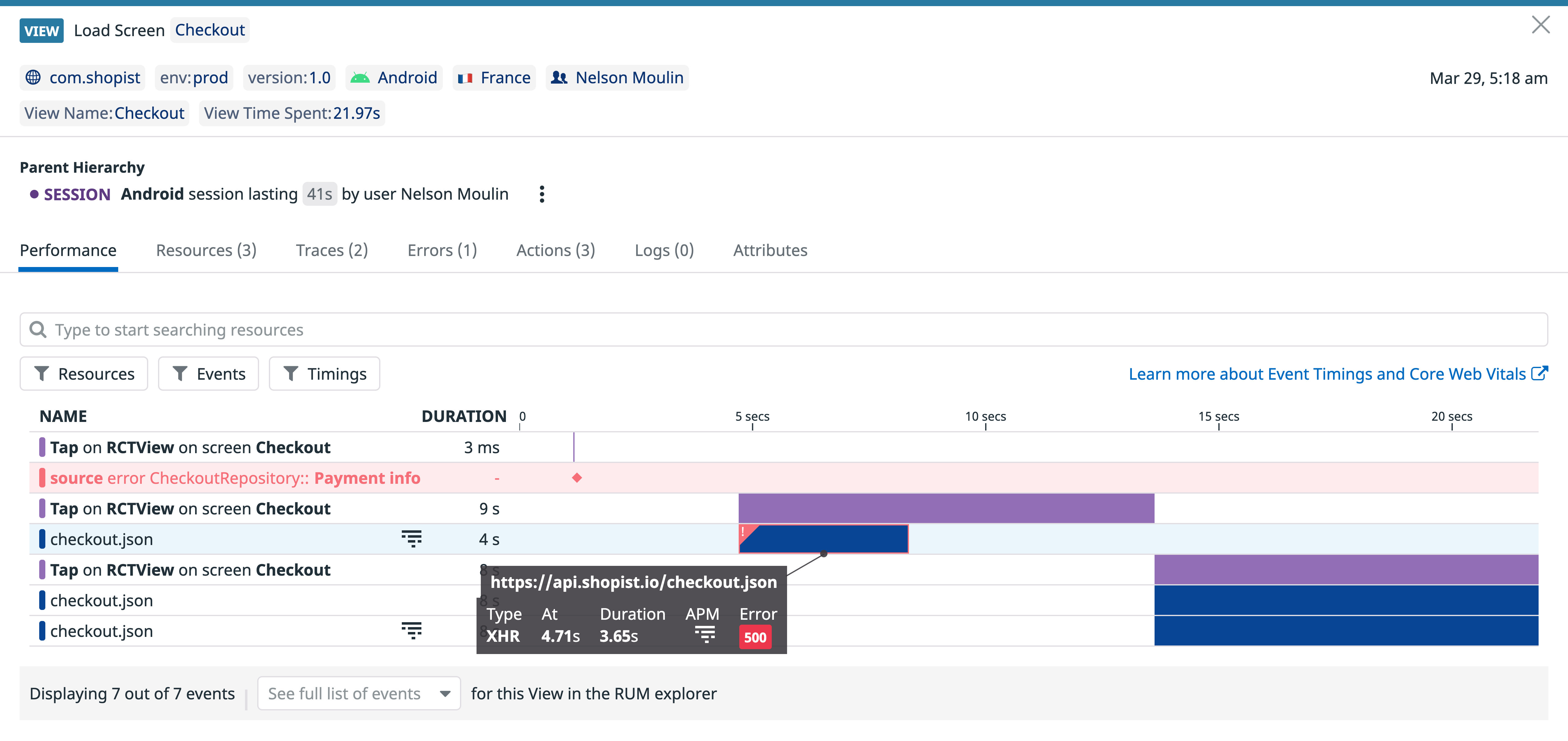 React Native monitoring - The side panel in the Views tab of the RUM Explorer.