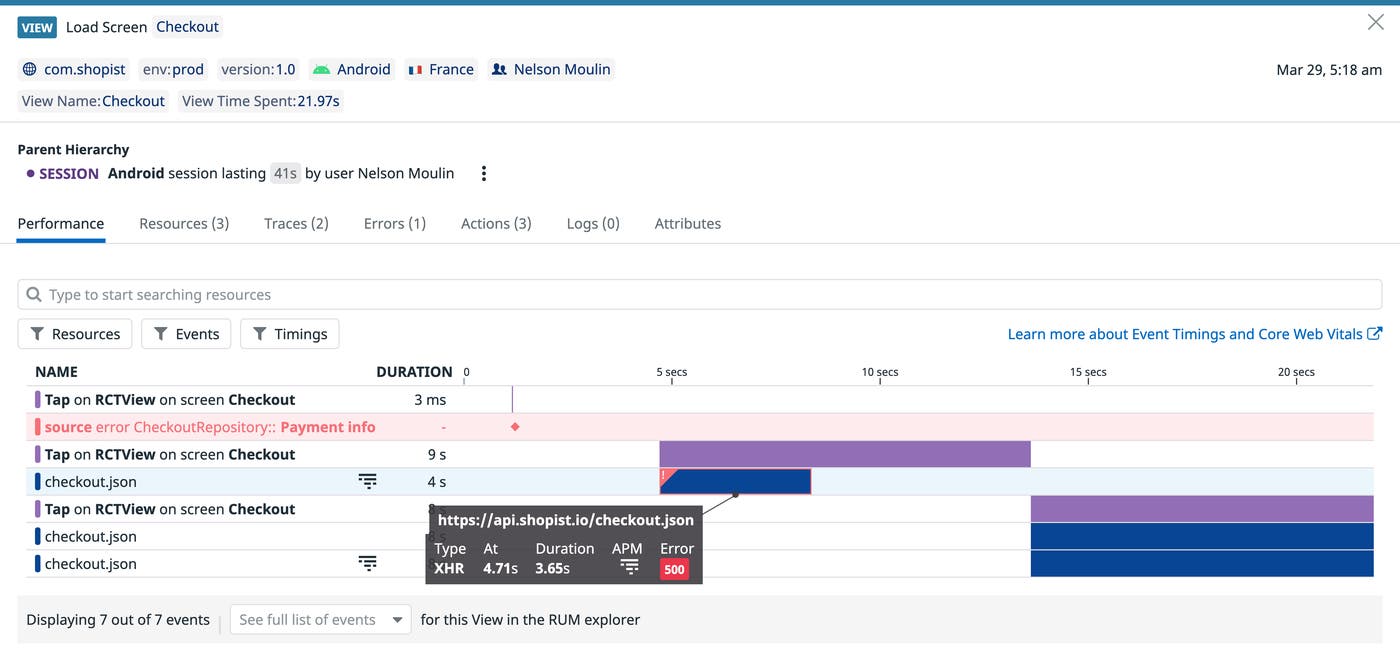 React Native monitoring - The side panel in the Views tab of the RUM Explorer. React Native monitoring - The side panel in the Views tab of the RUM Explorer.