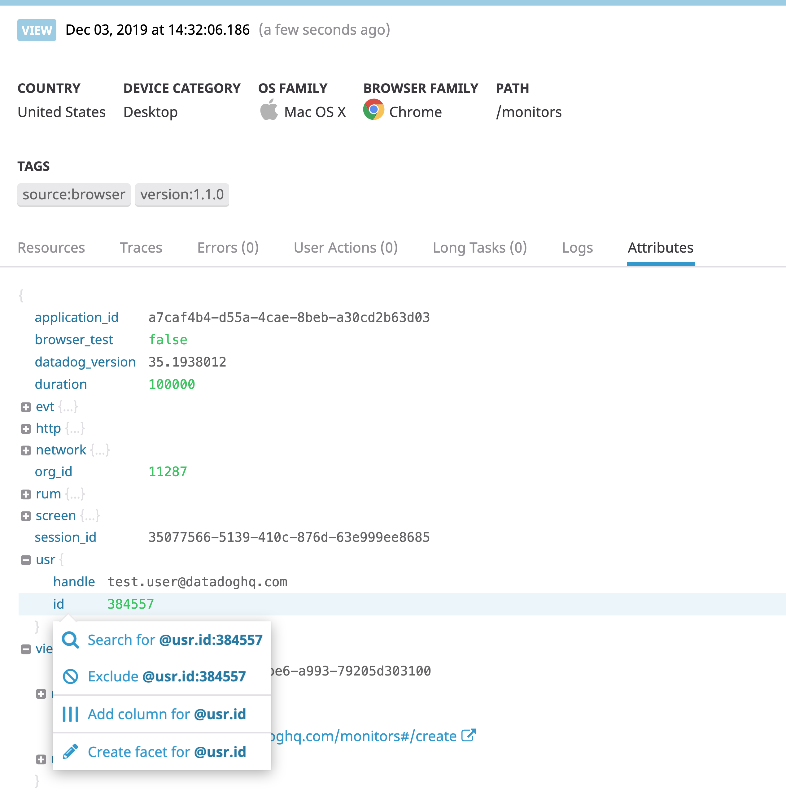 ビュー内の「Attributes」タブの画面です。ハイライトされているグローバルコンテキスト属性「usr.id」のコンテキストメニューから、属性をファセットとして追加することができます。