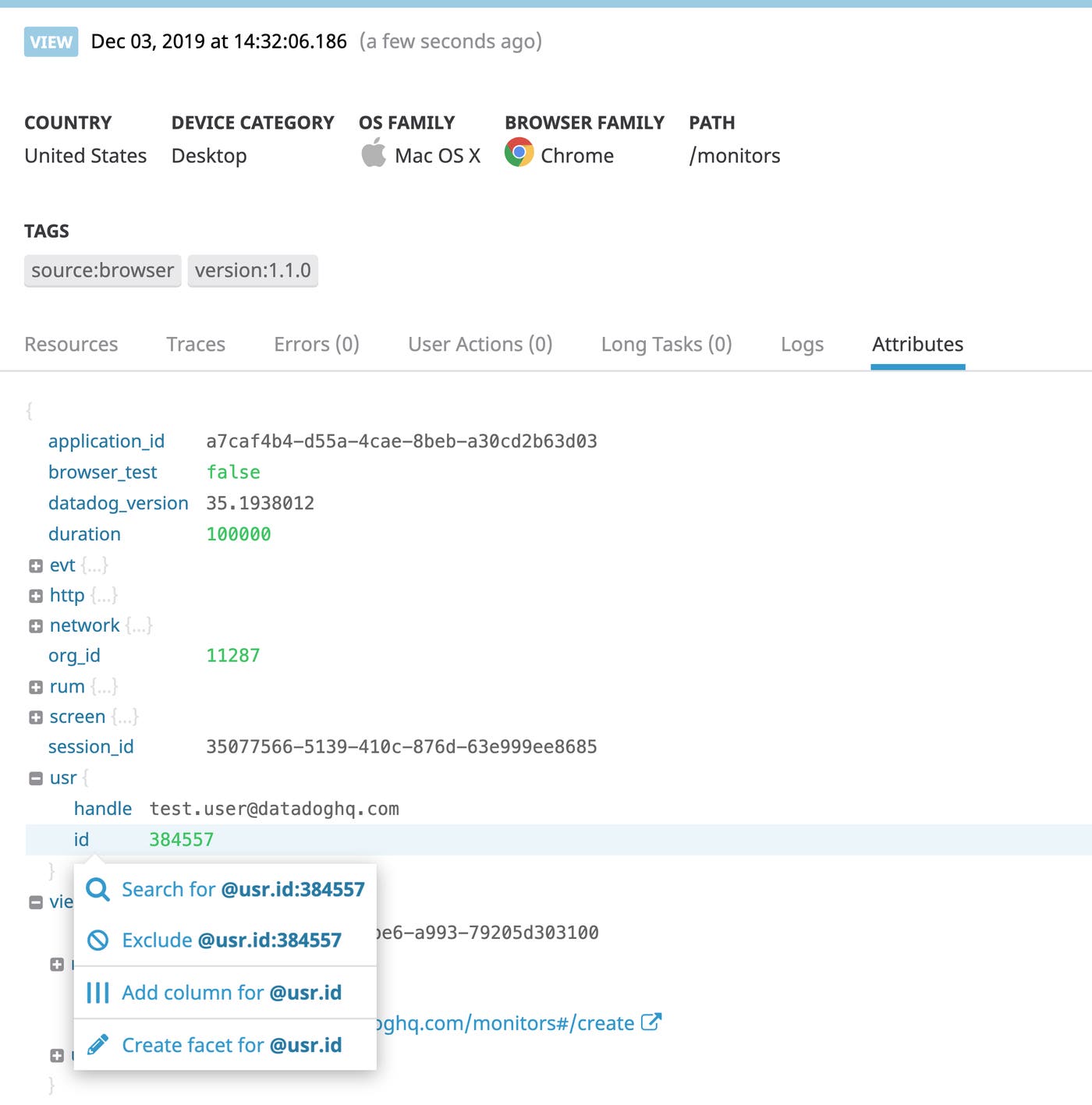 A screenshot shows the attributes tab of a view. The global context attribute usr.id is highlighted and shows a context menu for adding that attribute as a facet. A screenshot shows the attributes tab of a view. The global context attribute usr.id is highlighted and shows a context menu for adding that attribute as a facet.