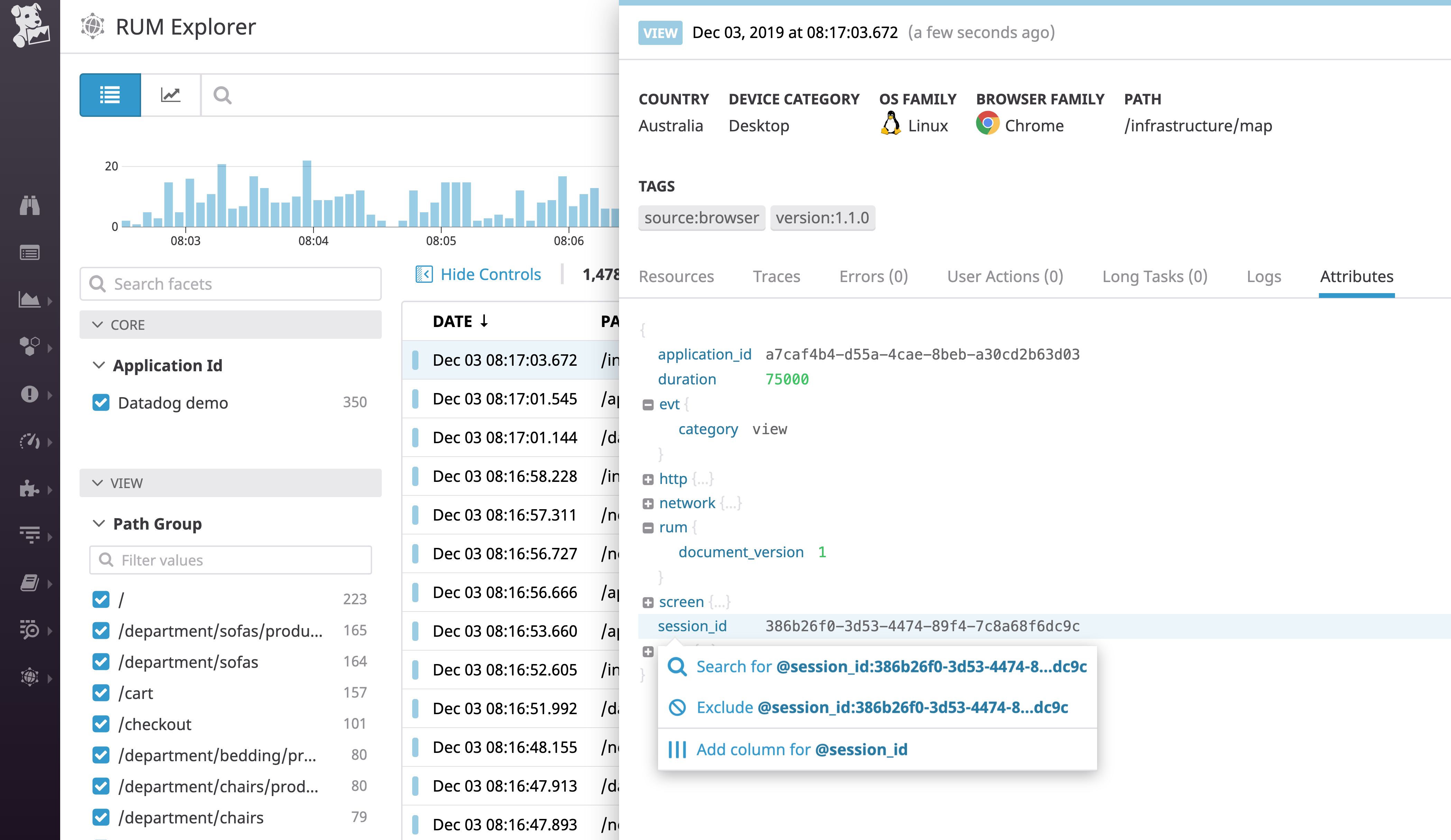 RUM エクスプローラーページに表示されるページビューの一覧から、単一ビューを開いて収集したデータの詳細を確認することができます。ページビュー詳細はコンテキストメニュー形式で表示され、セッションで検索を行うことが可能です。