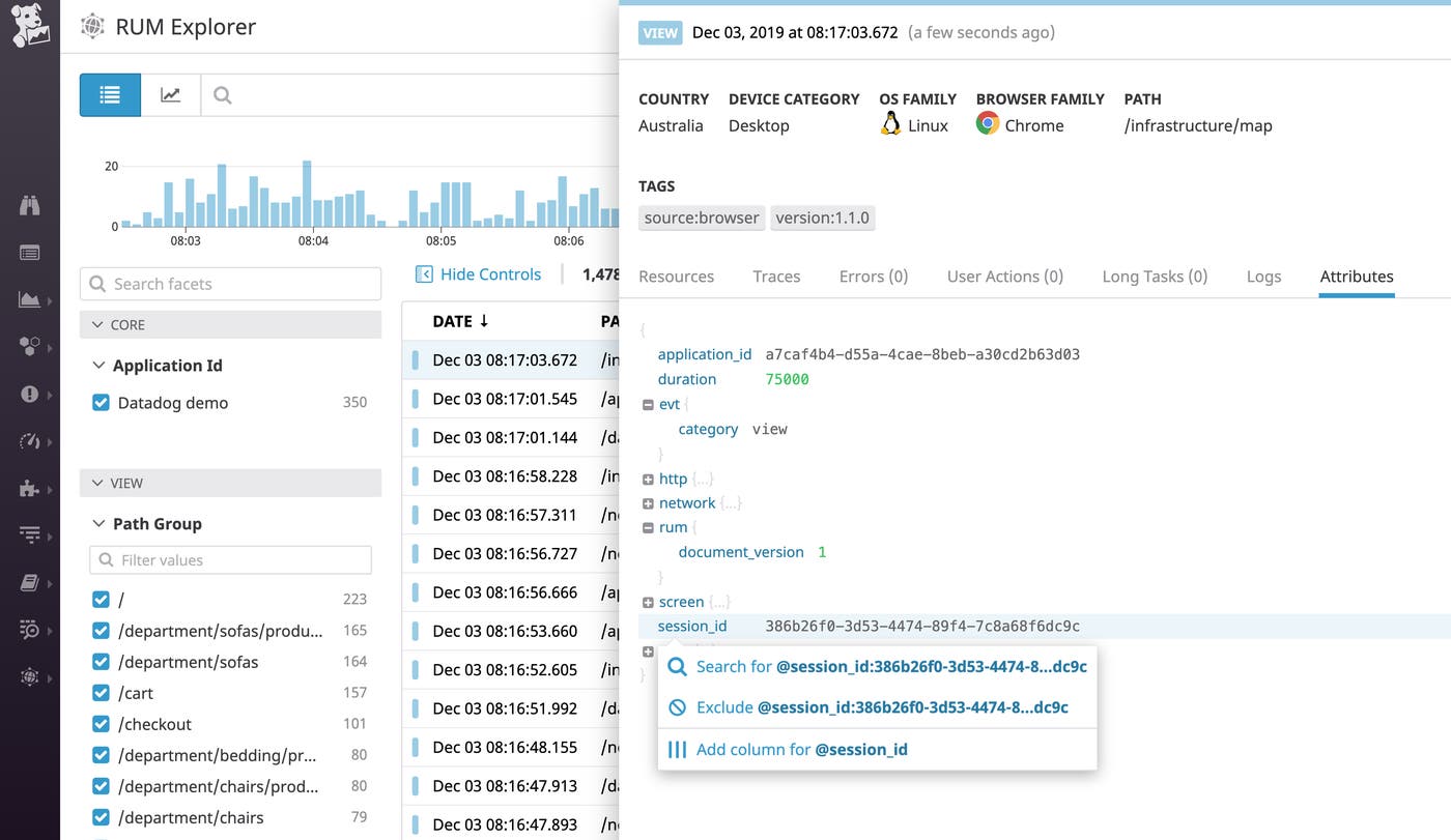 The RUM Explorer page shows a list of pageviews, and zooms in on the detail of the collected data of a single view. The pageview detail shows a context menu you can use to search by session. The RUM Explorer page shows a list of pageviews, and zooms in on the detail of the collected data of a single view. The pageview detail shows a context menu you can use to search by session.