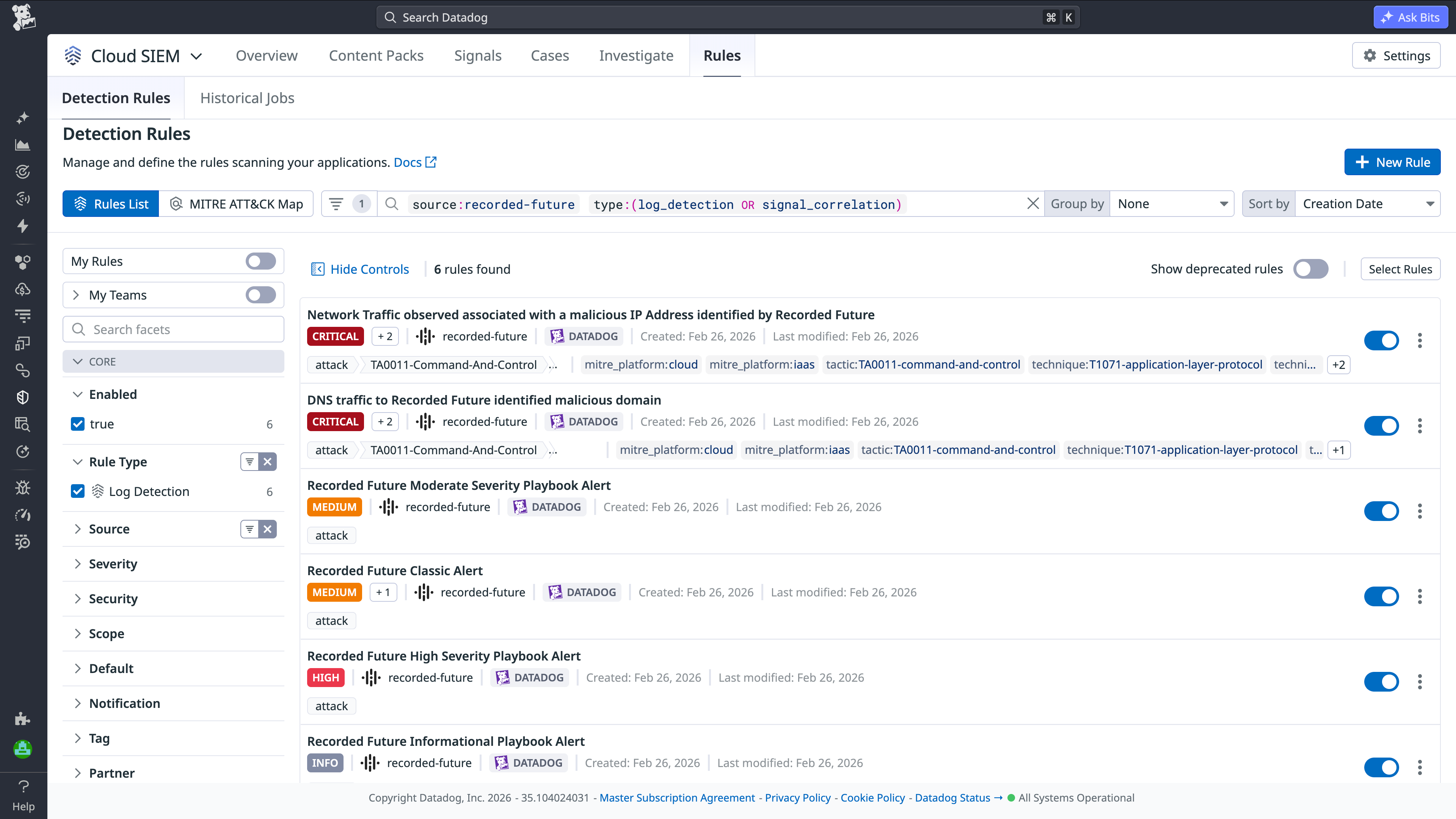 Detection rules in Datadog Cloud SIEM showing Recorded Future alerts and threat-based rules for malicious IP and domain activity across multiple severity levels.