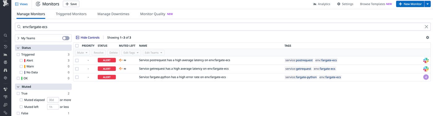 View of the Manage Monitors page showing three monitors in an alert state. Two of the three are muted. View of the Manage Monitors page showing three monitors in an alert state. Two of the three are muted.