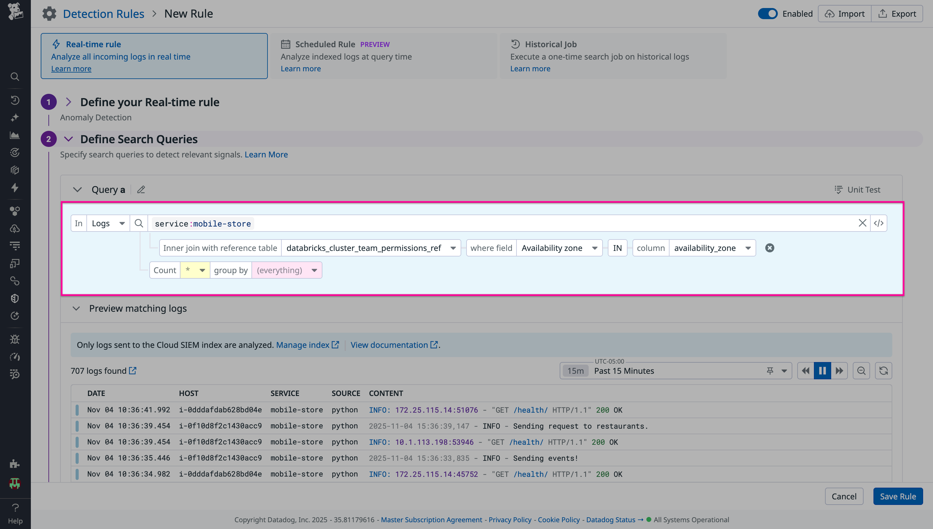 A screenshot showing the creation of an anomaly detection rule based on the Databricks Reference Table.