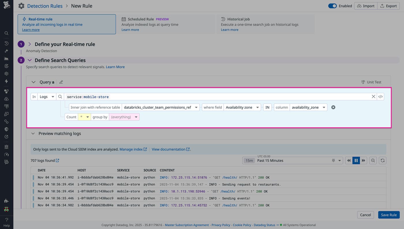 A screenshot showing the creation of an anomaly detection rule based on the Databricks Reference Table. A screenshot showing the creation of an anomaly detection rule based on the Databricks Reference Table.