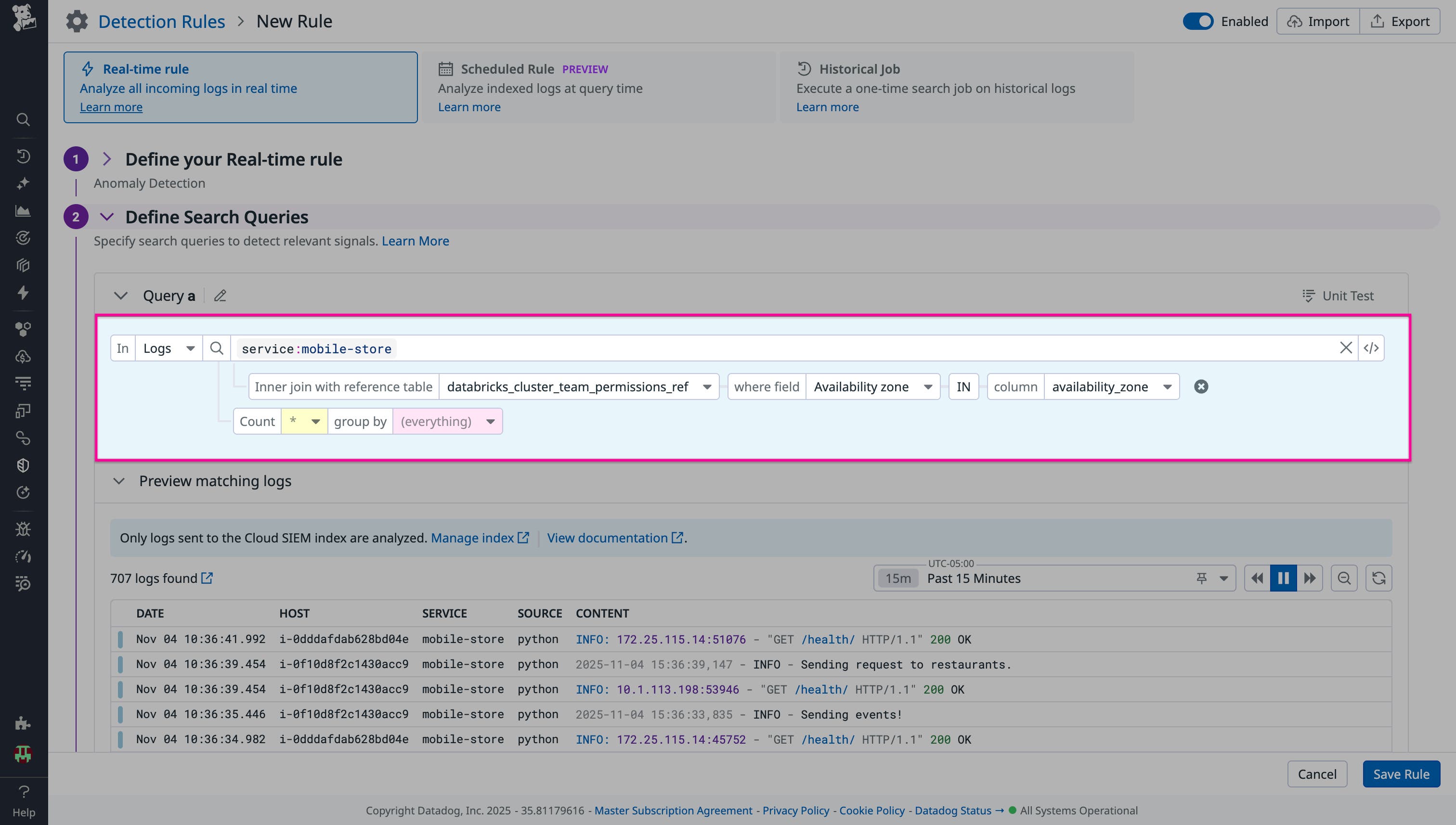 A screenshot showing the creation of an anomaly detection rule based on the Databricks Reference Table. A screenshot showing the creation of an anomaly detection rule based on the Databricks Reference Table.