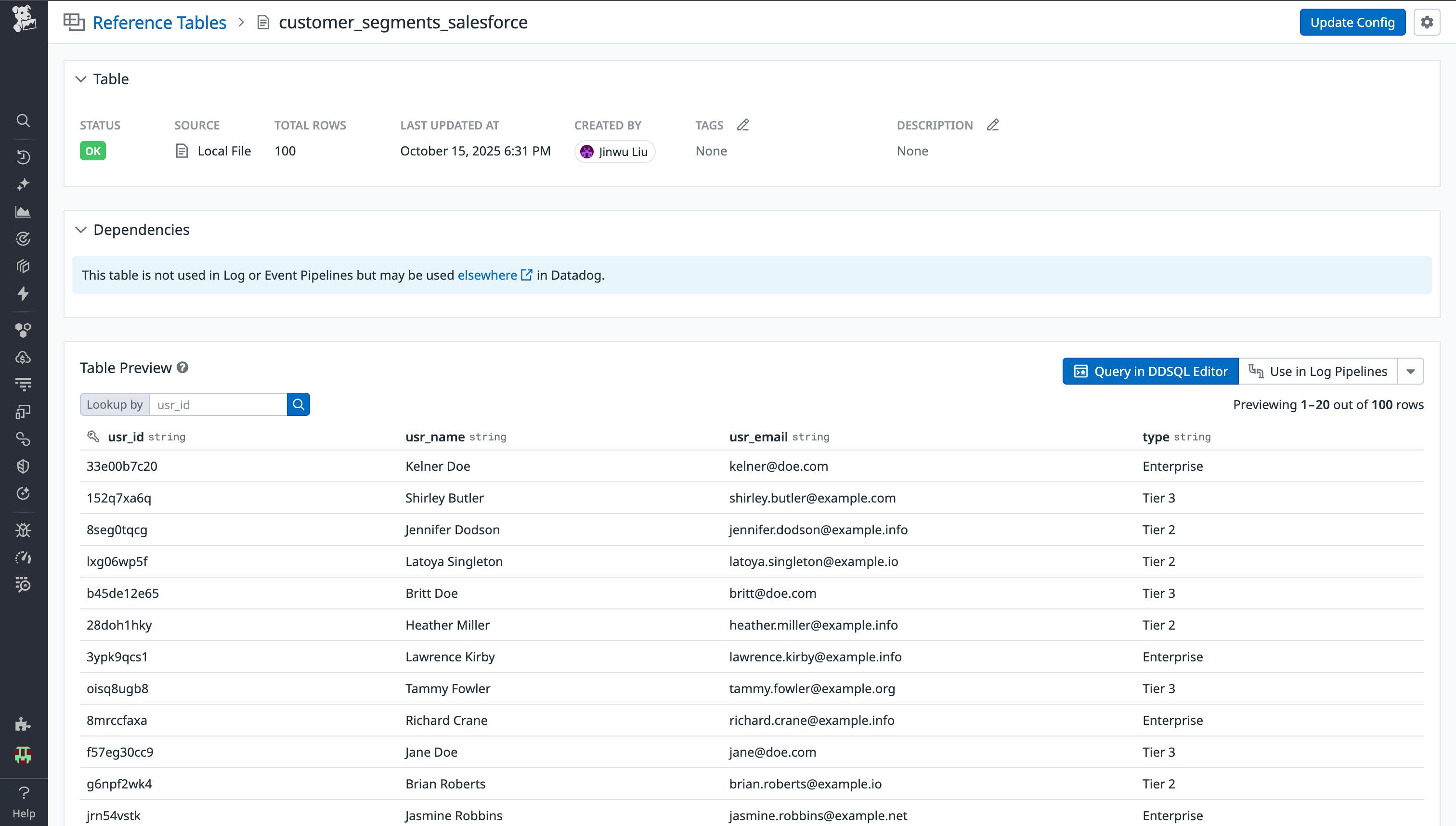 A screenshot showing a Reference Table populated with Salesforce customer information metadata. A screenshot showing a Reference Table populated with Salesforce customer information metadata.