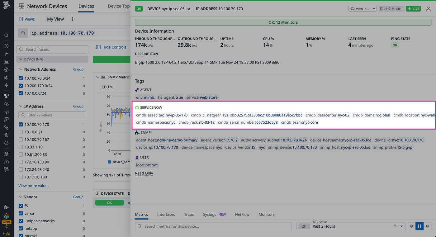 A screenshot showing Datadog Network Device monitoring with ServiceNow network device metadata. A screenshot showing Datadog Network Device monitoring with ServiceNow network device metadata.