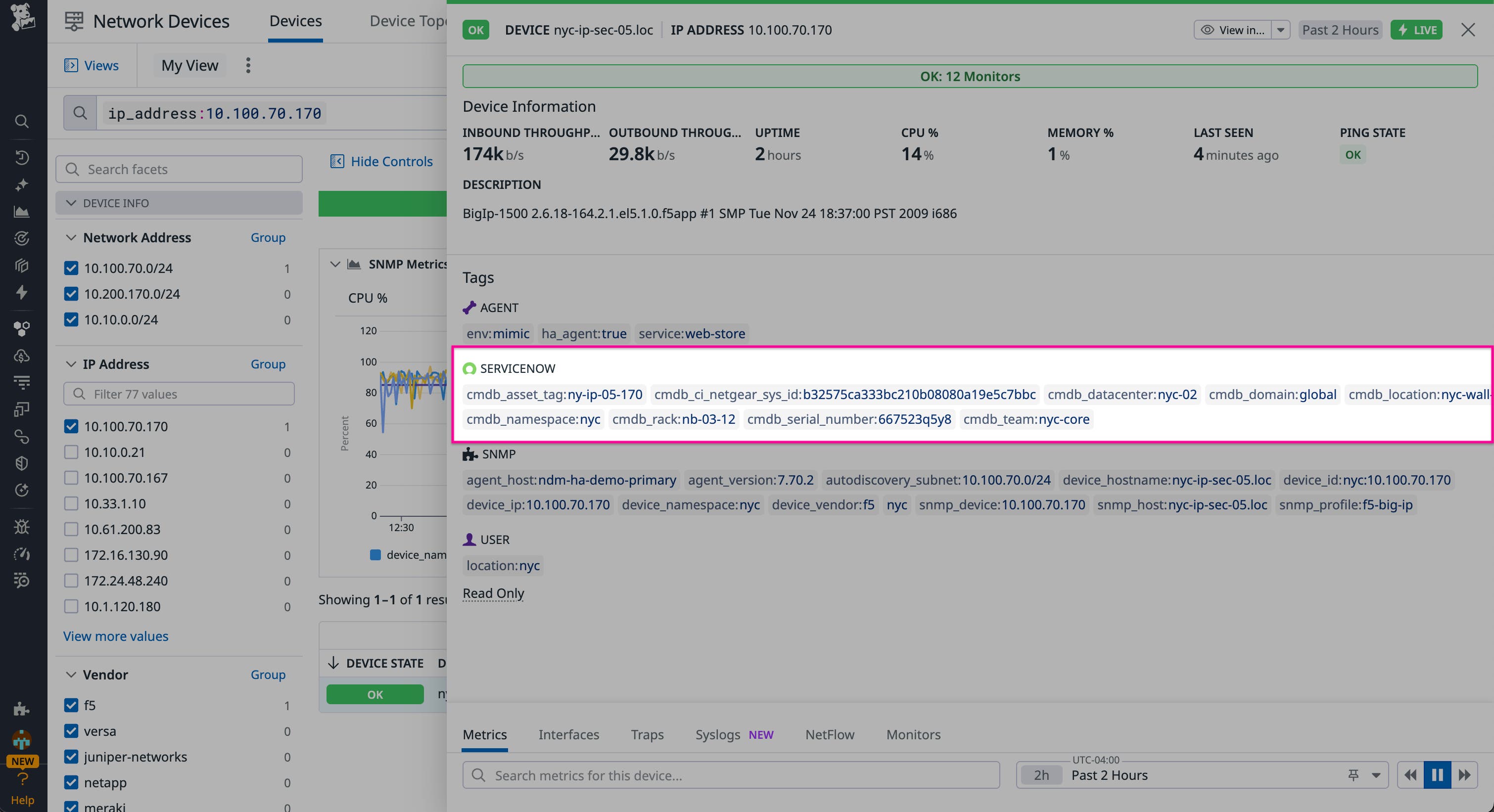 A screenshot showing Datadog Network Device monitoring with ServiceNow network device metadata. A screenshot showing Datadog Network Device monitoring with ServiceNow network device metadata.