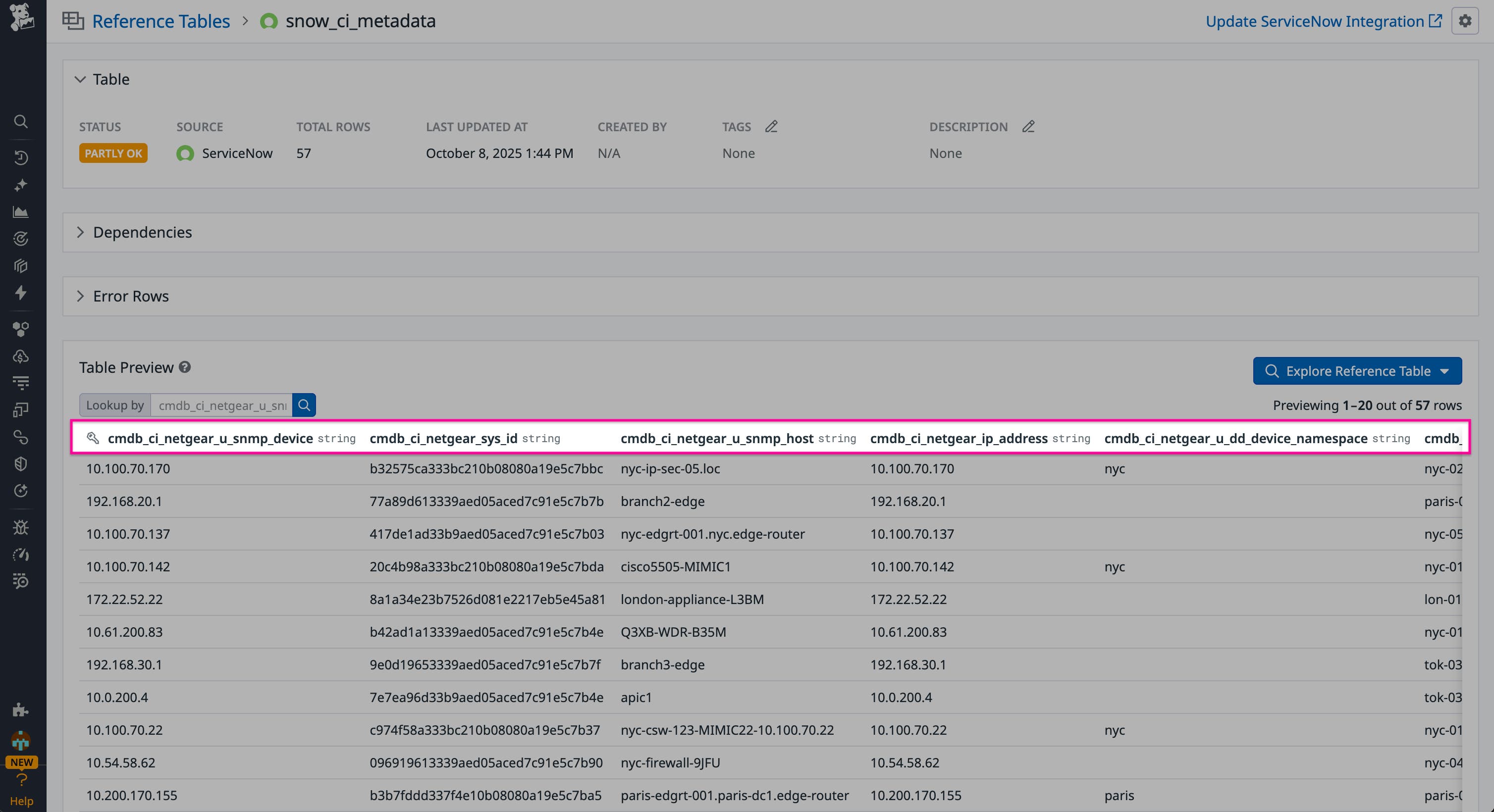 A screenshot showing a Reference Table populated with ServiceNow network device metadata. A screenshot showing a Reference Table populated with ServiceNow network device metadata.