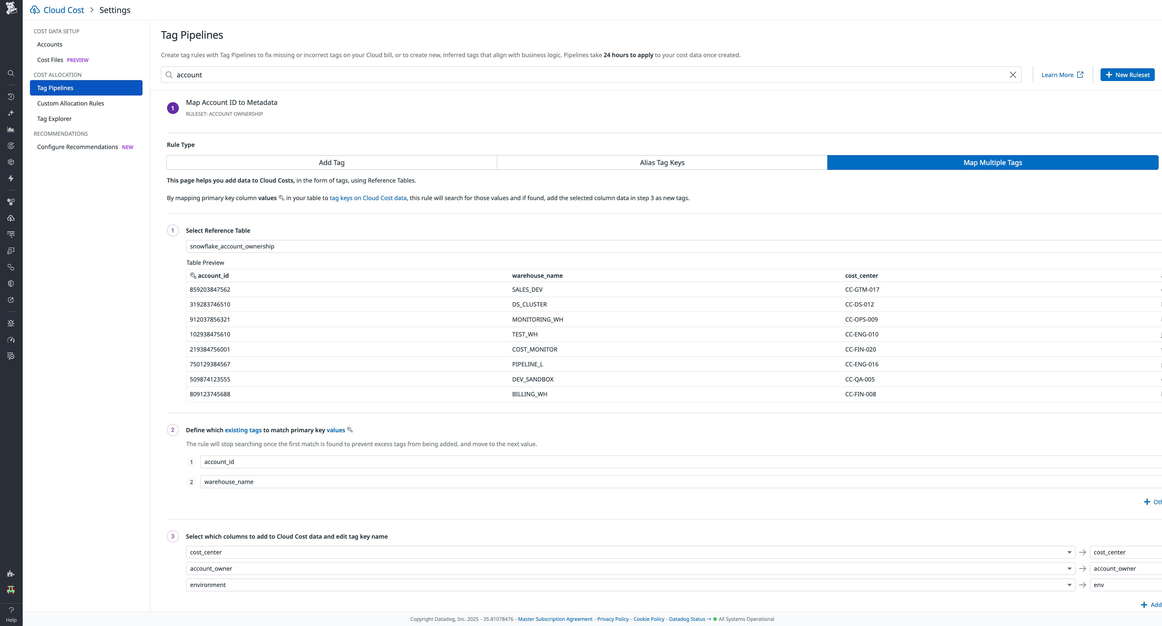 A screenshot showing the creation of a tag pipeline based on the Snowflake ownership Reference Table. A screenshot showing the creation of a tag pipeline based on the Snowflake ownership Reference Table.