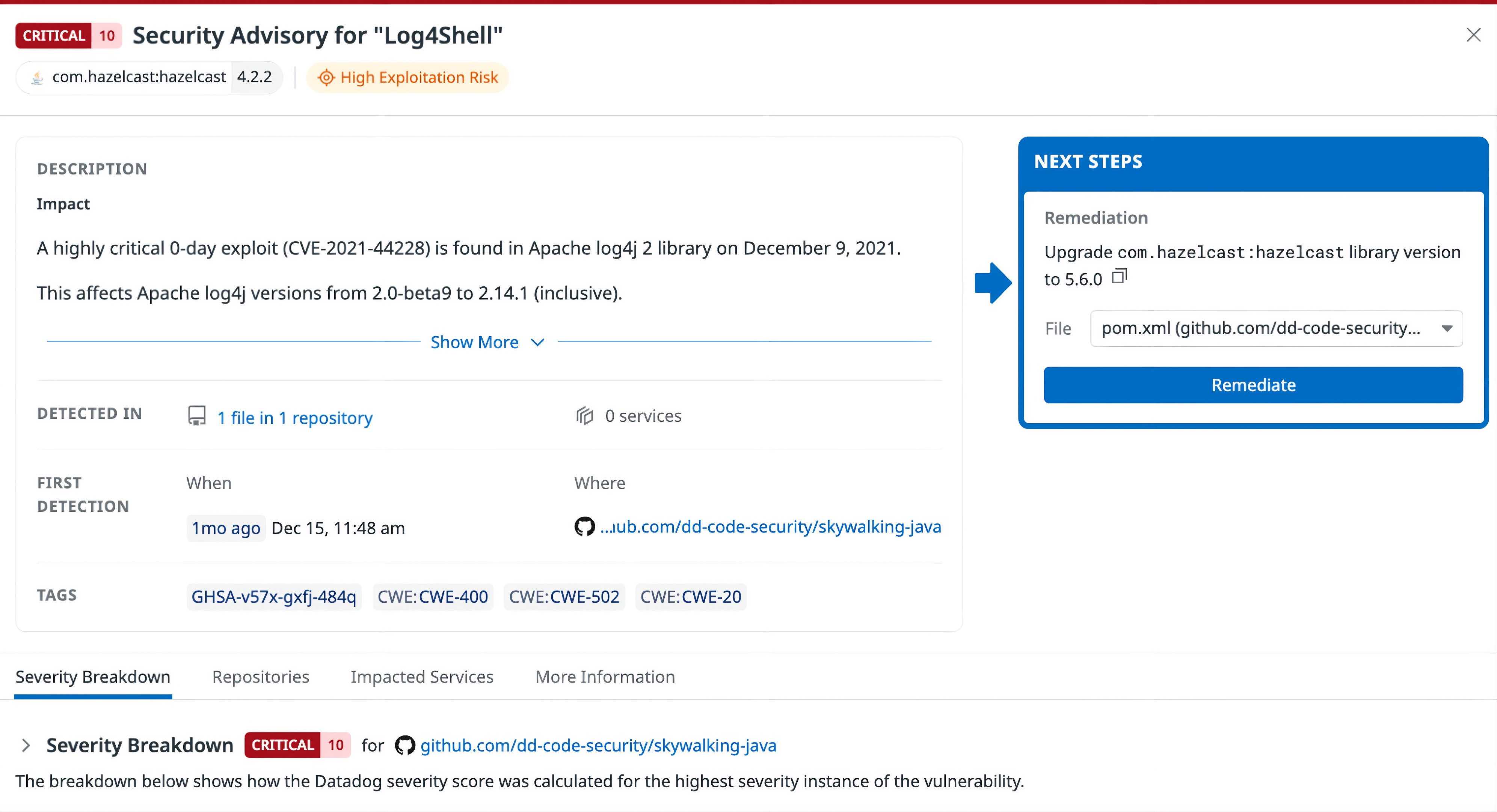 Security advisory with recommended next step: Upgrade the affected dependency to a safe version.