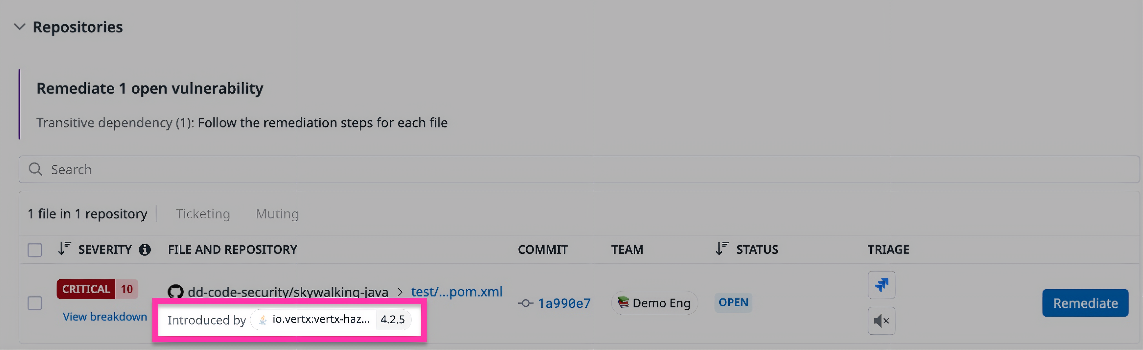 Repository view showing one vulnerable file and the dependency version that introduced it.