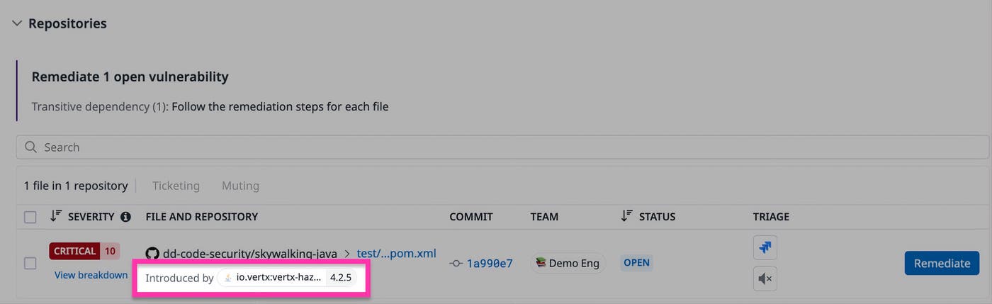 Repository view showing one vulnerable file and the dependency version that introduced it. Repository view showing one vulnerable file and the dependency version that introduced it.
