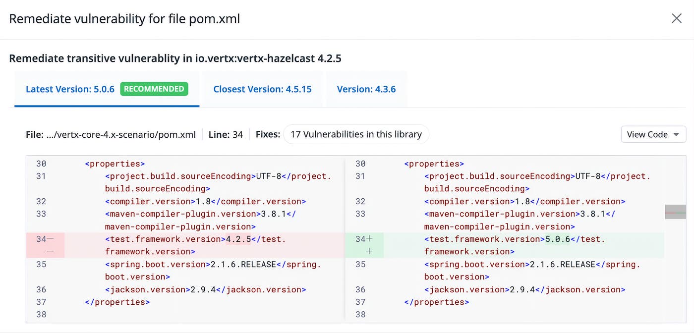 Remediation view proposing an upgraded dependency version and showing the exact change. Remediation view proposing an upgraded dependency version and showing the exact change.