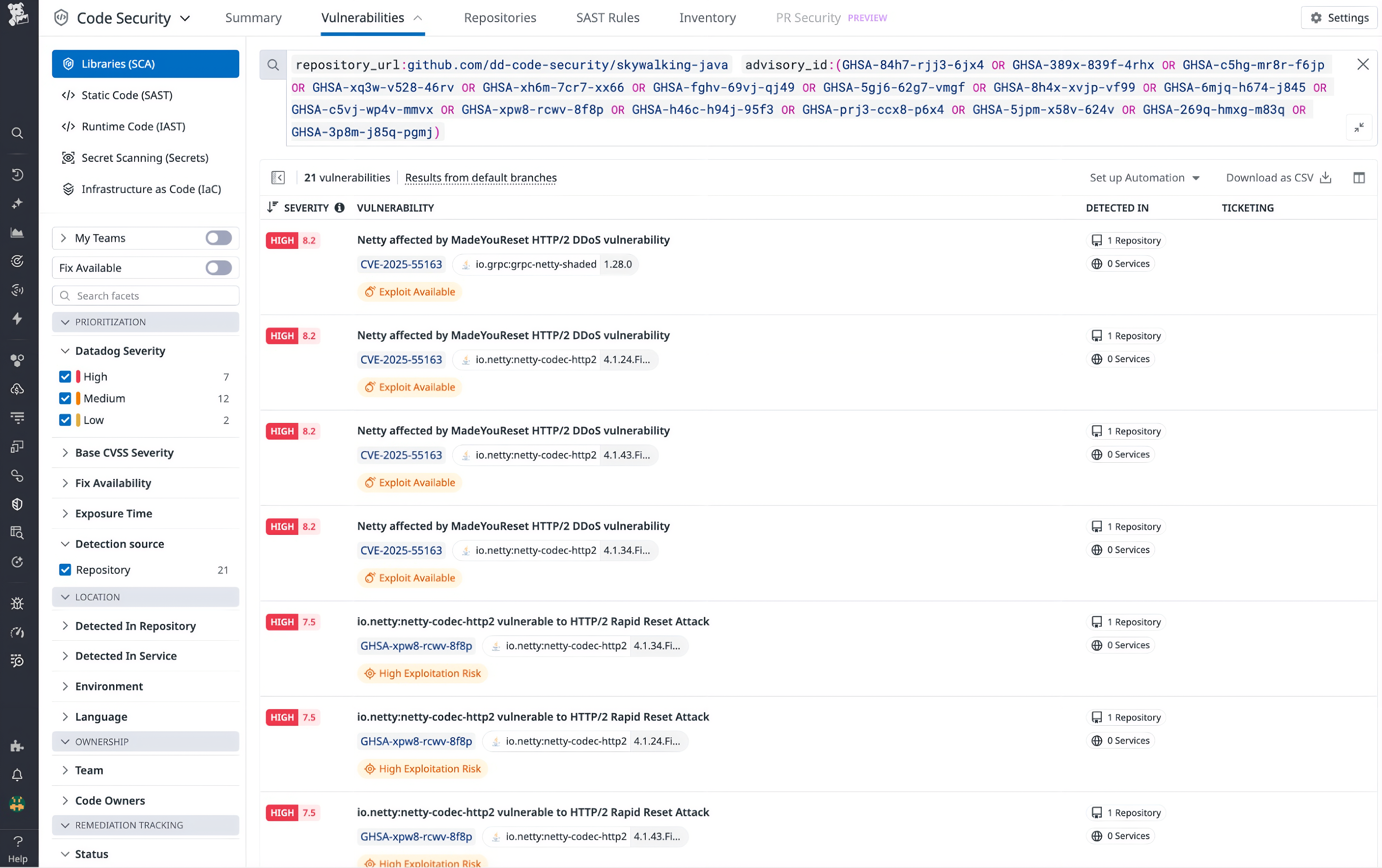 Vulnerabilities list view showing multiple findings, severity scores, and exploit-risk indicators.