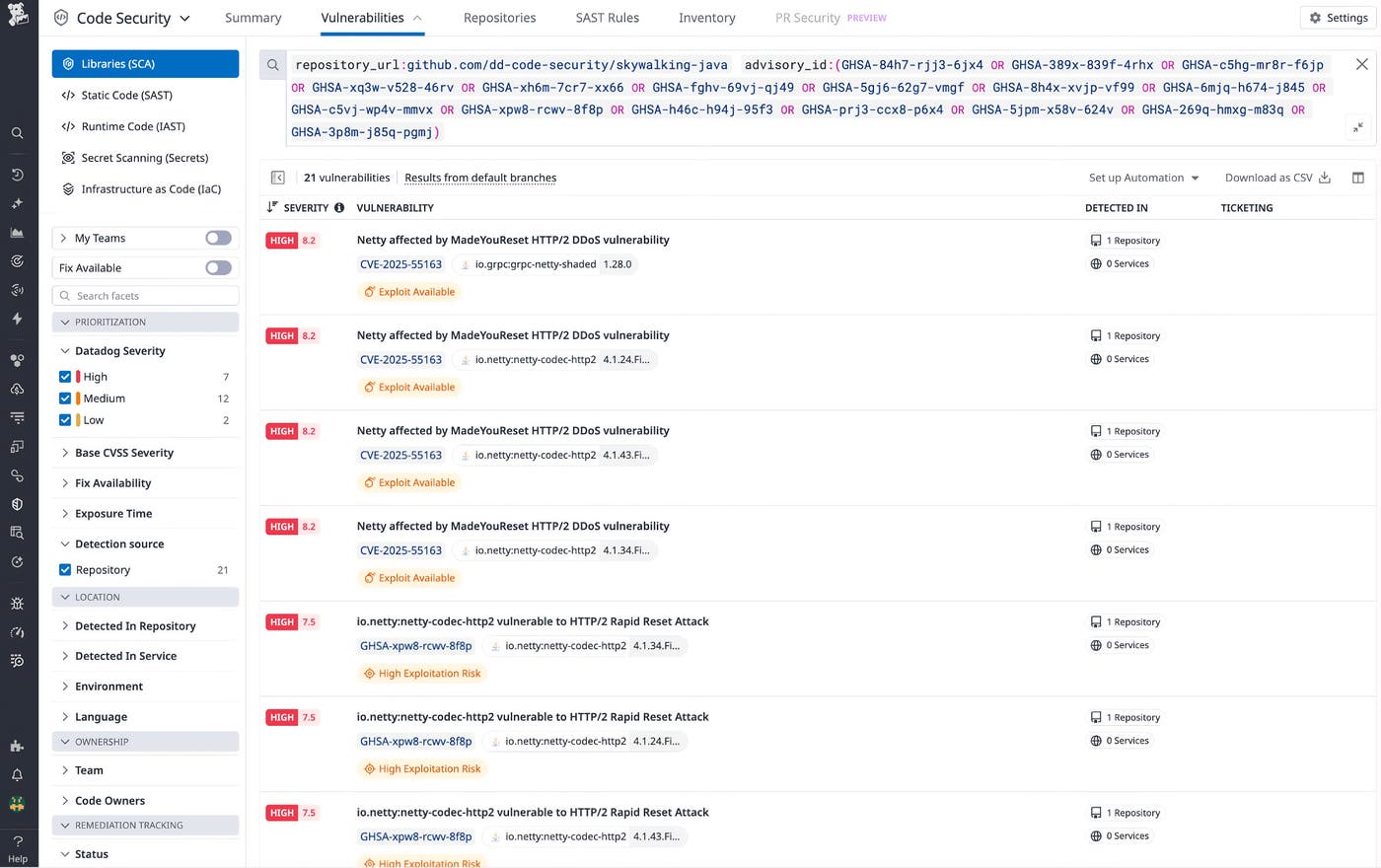 Vulnerabilities list view showing multiple findings, severity scores, and exploit-risk indicators. Vulnerabilities list view showing multiple findings, severity scores, and exploit-risk indicators.