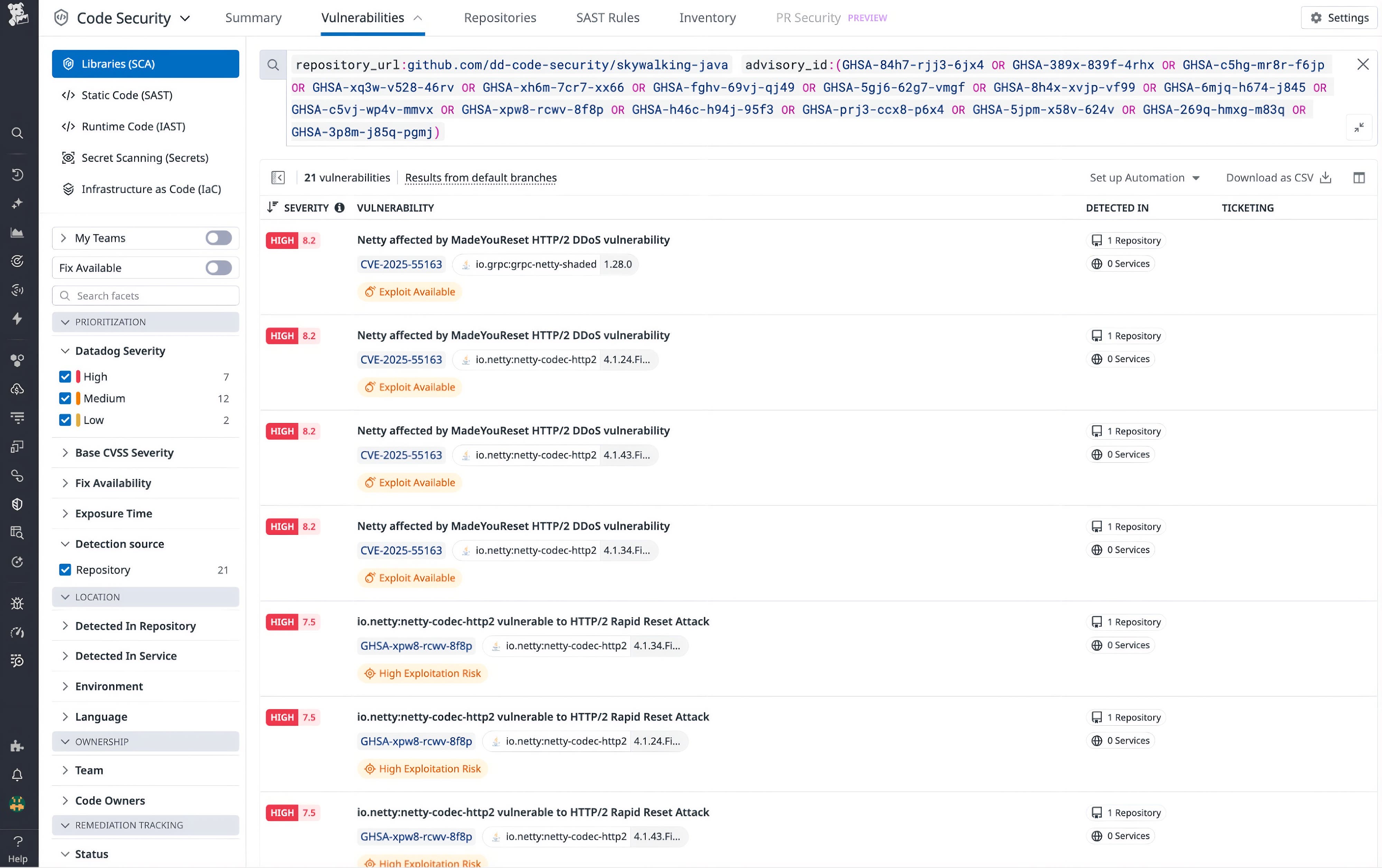 Vulnerabilities list view showing multiple findings, severity scores, and exploit-risk indicators. Vulnerabilities list view showing multiple findings, severity scores, and exploit-risk indicators.
