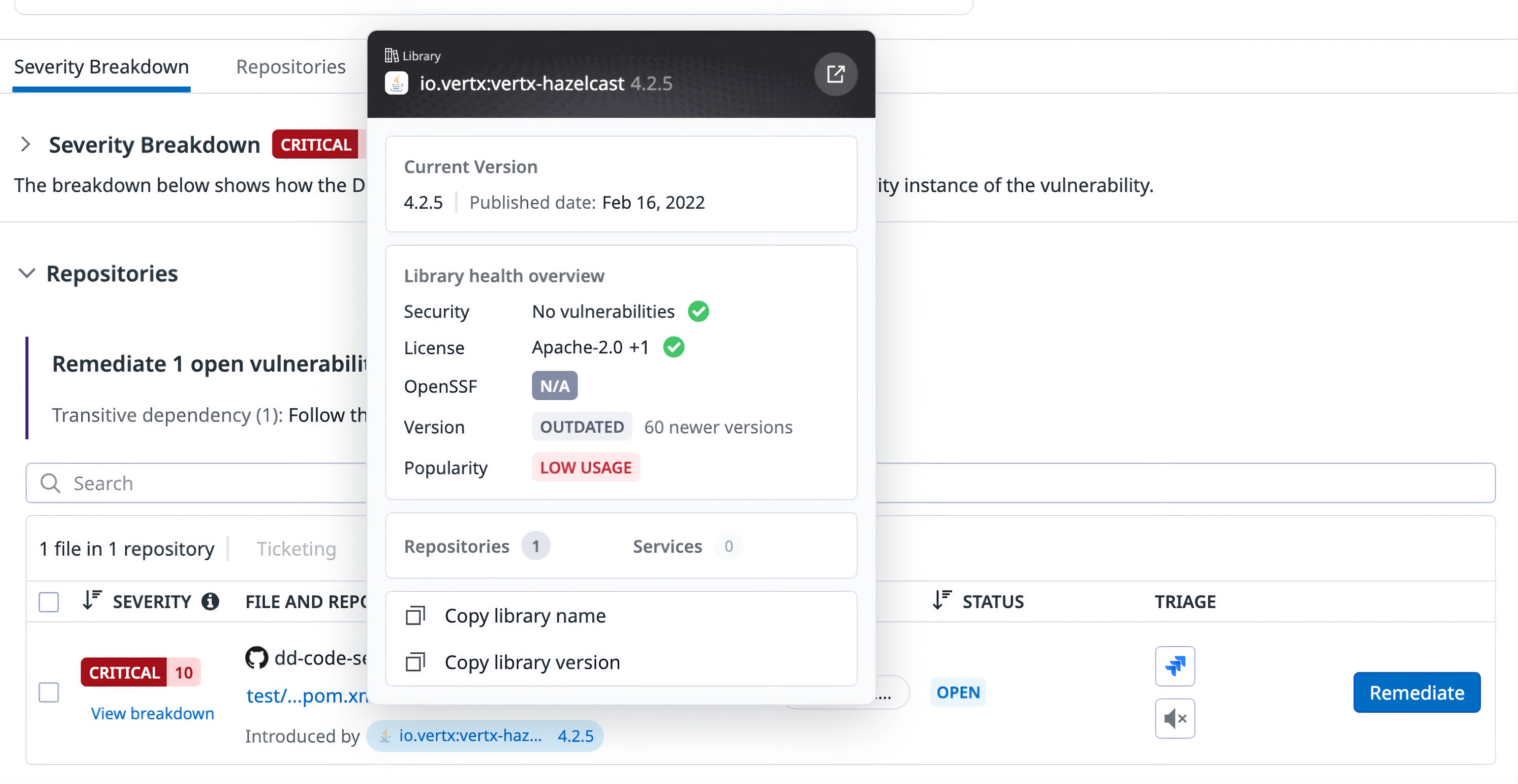 Dependency details pop-up window summarizing version number, security posture, and usage signals.