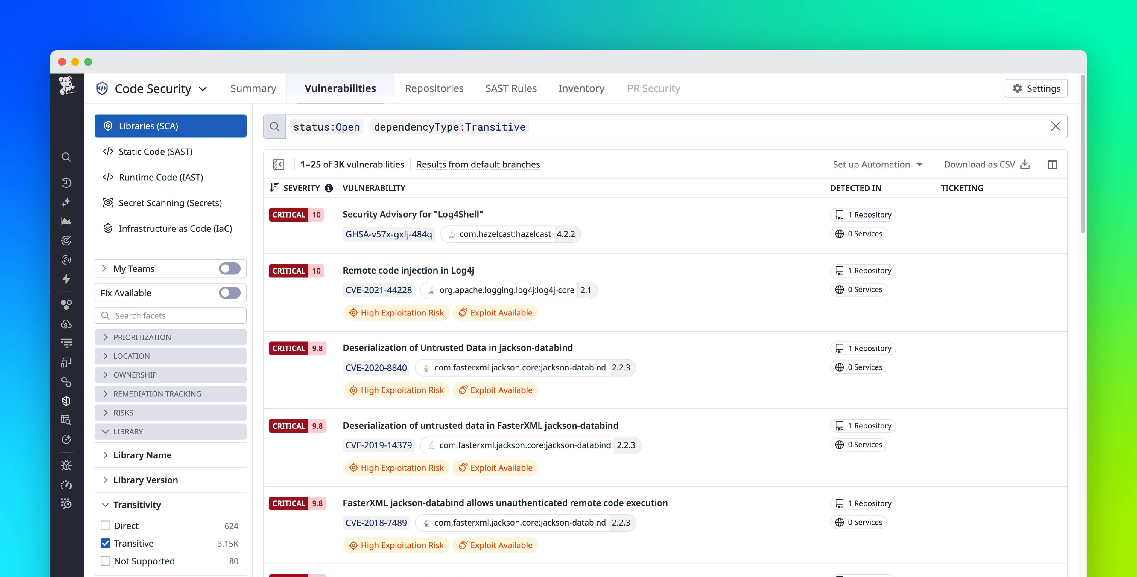 Remediate transitive vulnerabilities faster with Datadog Software Composition Analysis