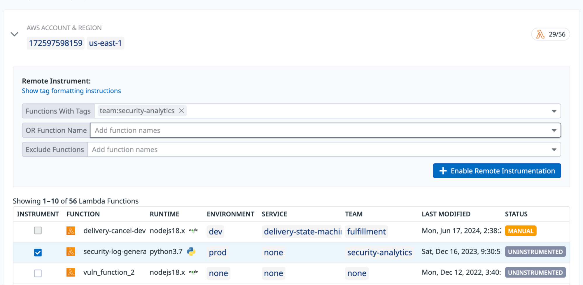Select which Lambda functions within your AWS account and Region you want to instrument.