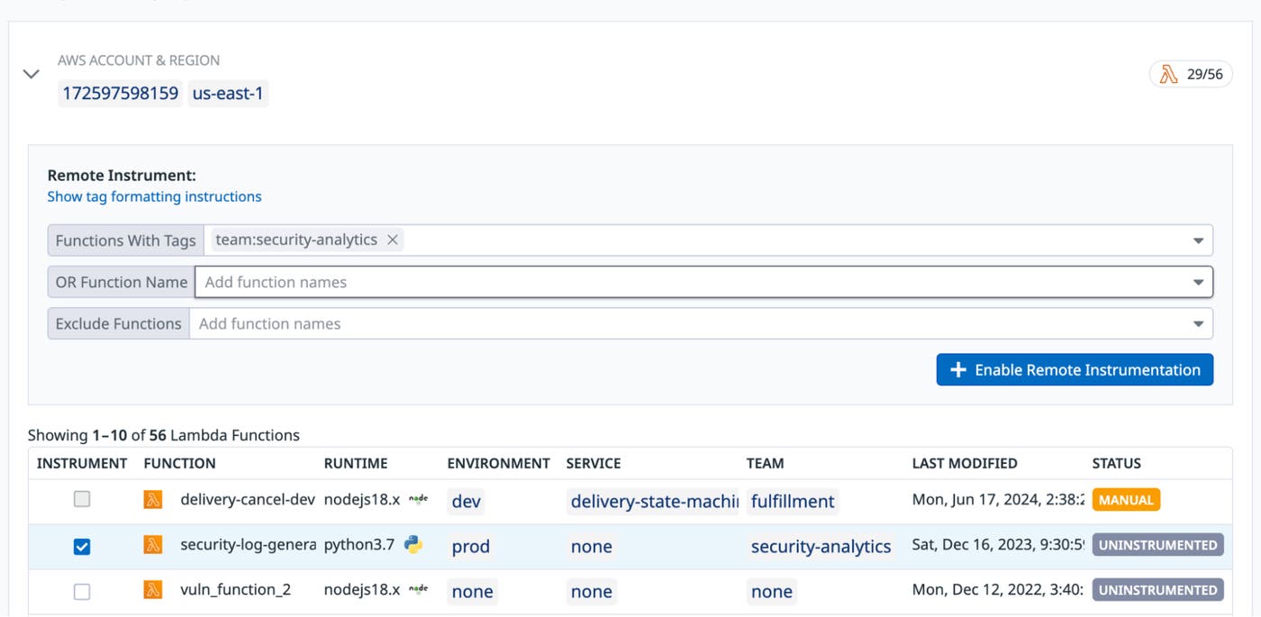 Select which Lambda functions within your AWS account and Region you want to instrument. Select which Lambda functions within your AWS account and Region you want to instrument.