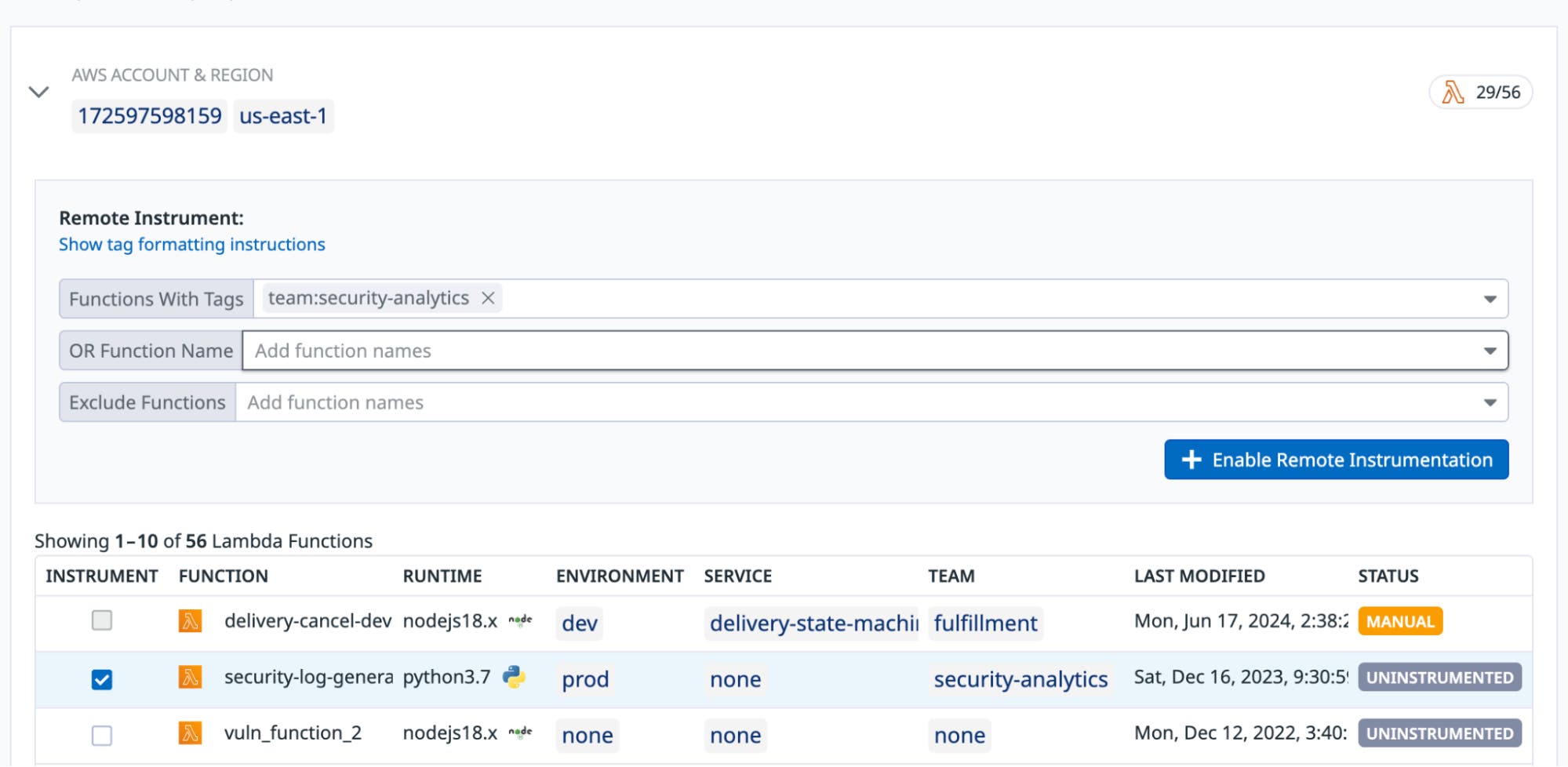 Select which Lambda functions within your AWS account and Region you want to instrument. Select which Lambda functions within your AWS account and Region you want to instrument.
