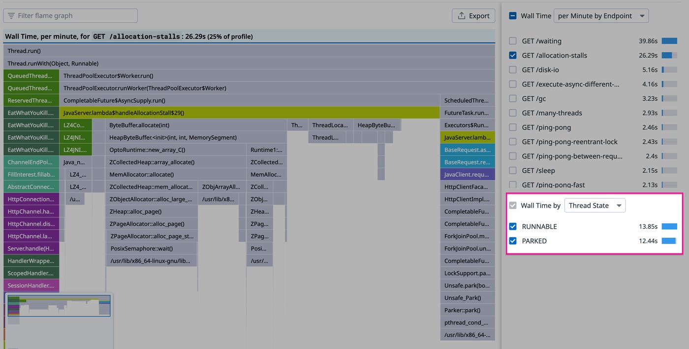 Flame graph before change shows sizeable parked wall time Flame graph before change shows sizeable parked wall time