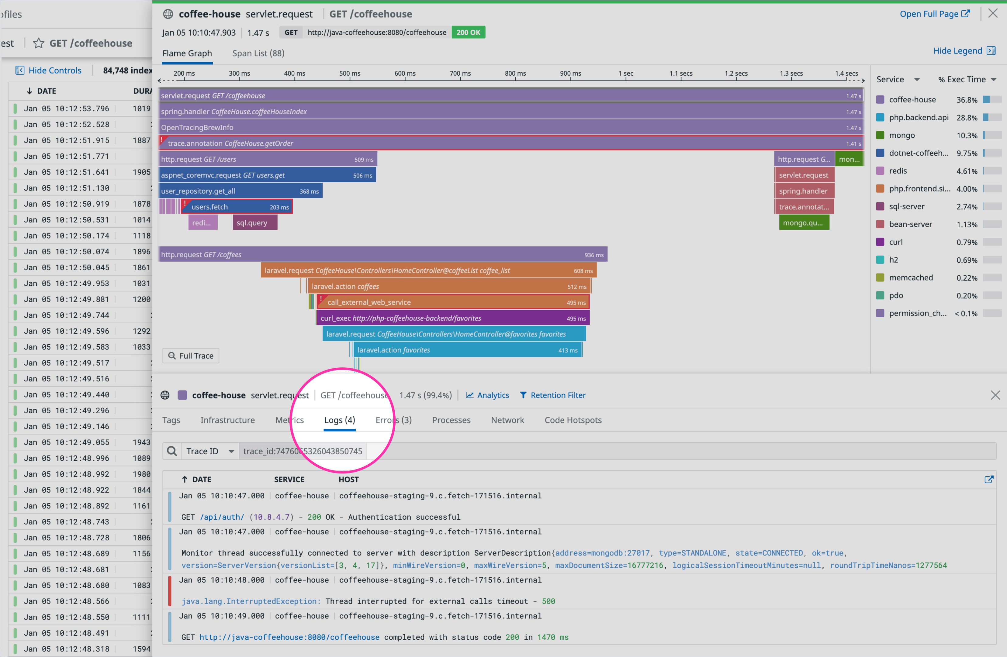 View all the logs correlated with a specific request or transaction in Datadog APM.