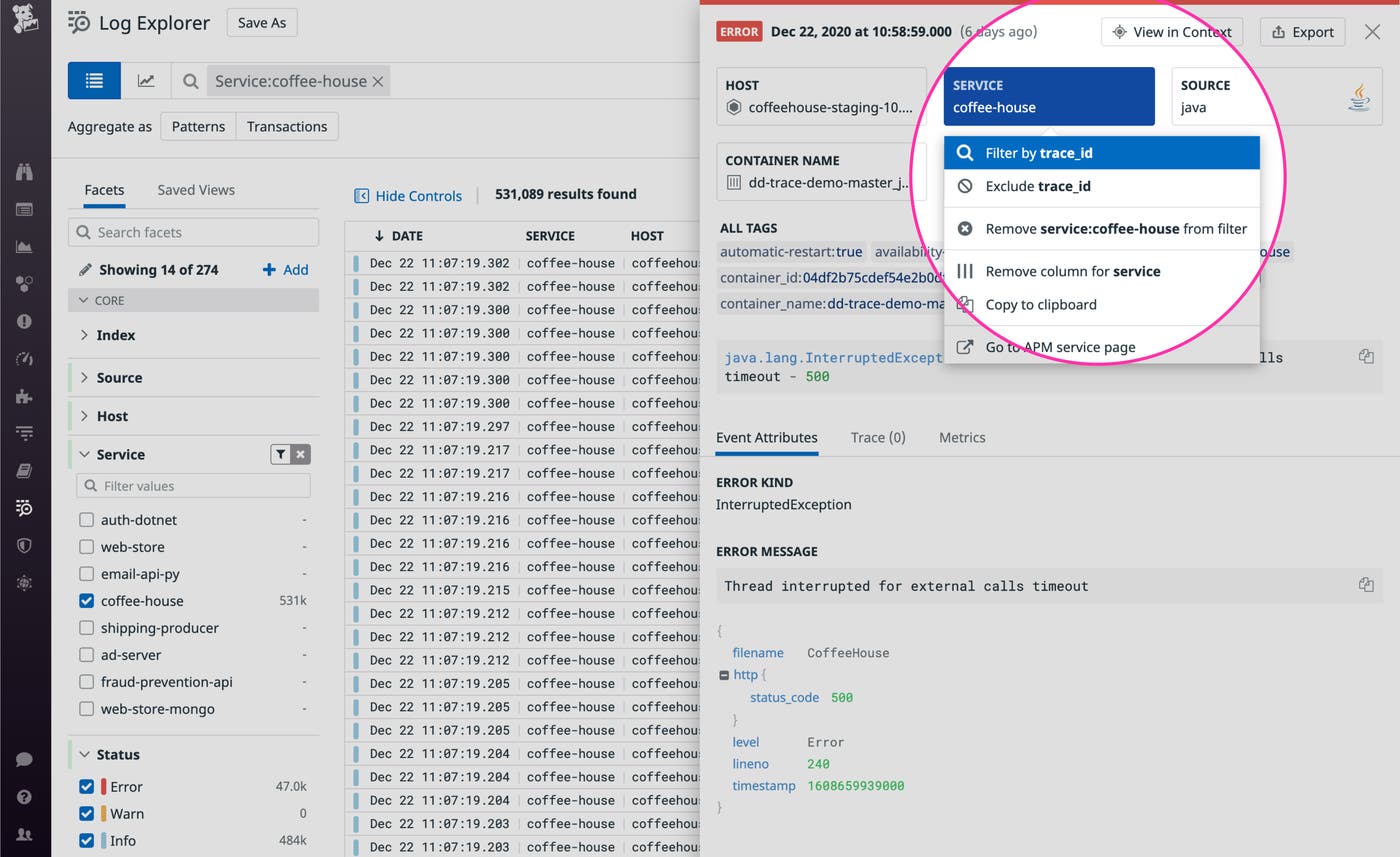 Gather all the logs correlated with a specific request or transaction by filtering for a trace ID. Gather all the logs correlated with a specific request or transaction by filtering for a trace ID.