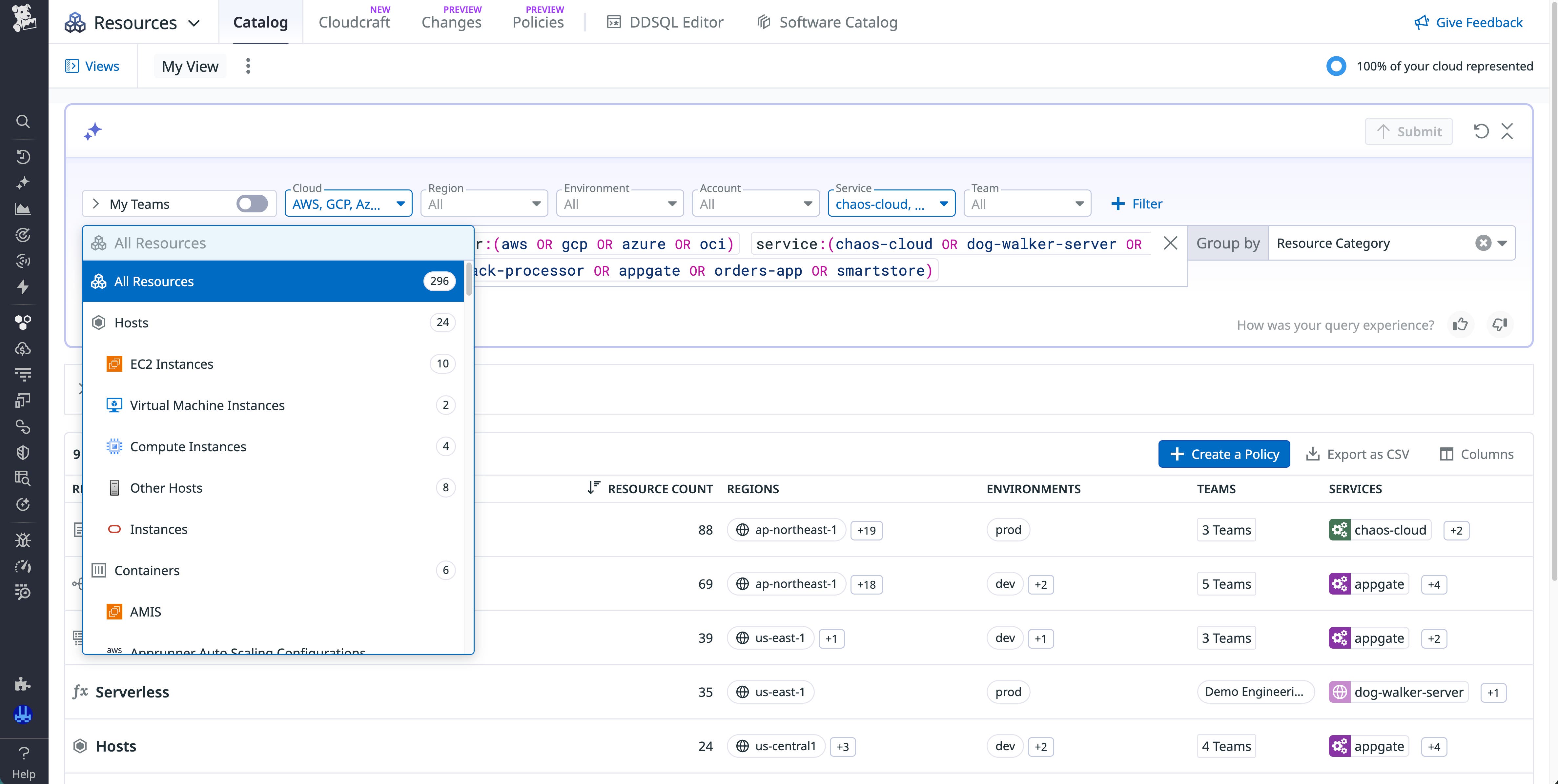 Screenshot from Resource Catalog that shows resource types for AWS, Azure, Google Cloud, and Oracle Cloud Infrastructure. Screenshot from Resource Catalog that shows resource types for AWS, Azure, Google Cloud, and Oracle Cloud Infrastructure.