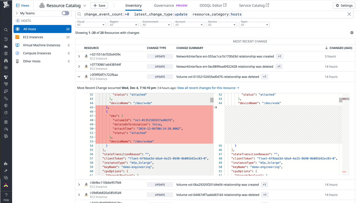 EBS volume change in EC2 instance displayed in Resource Changes tab