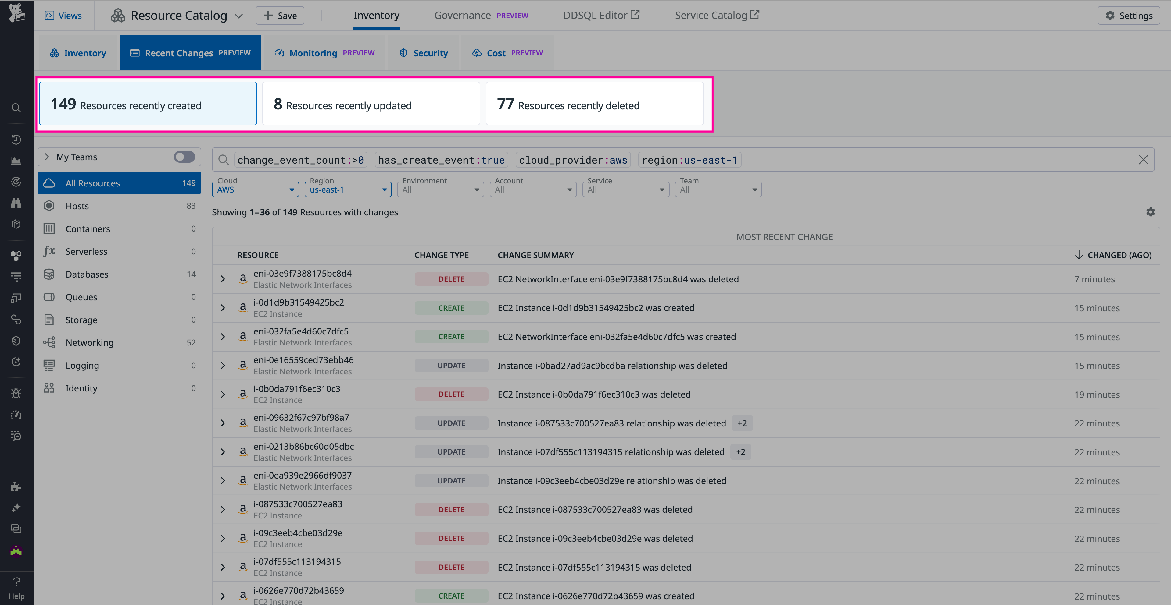 Resource Changes tab with query cards highlighted